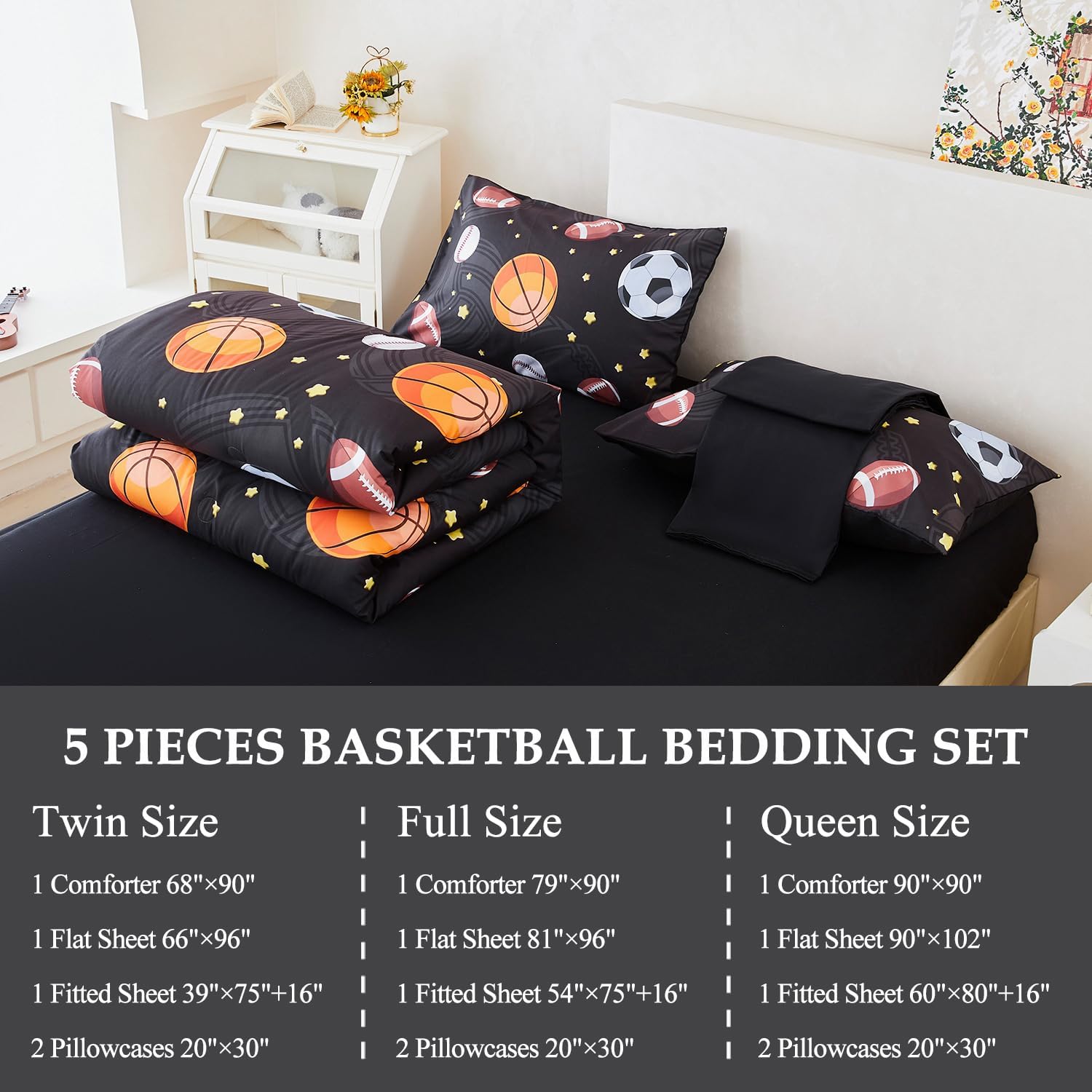 Sports Comforter Sets for Boys Teens Queen Size Bed Set 5 Pieces Bed in A Bag Set Soft Cozy Basketball Baseball Football Bedding Set for Kids Girls(Black Balls, Queen)