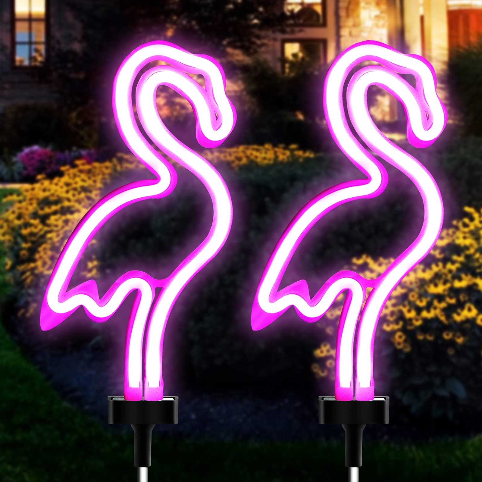 Solar Garden Lights, AHNNER Outdoor Lights Flamingo Neon Lights, Waterproof Outdoor Lights for Garden Patio Yard Pathway Decoration (2PACK)