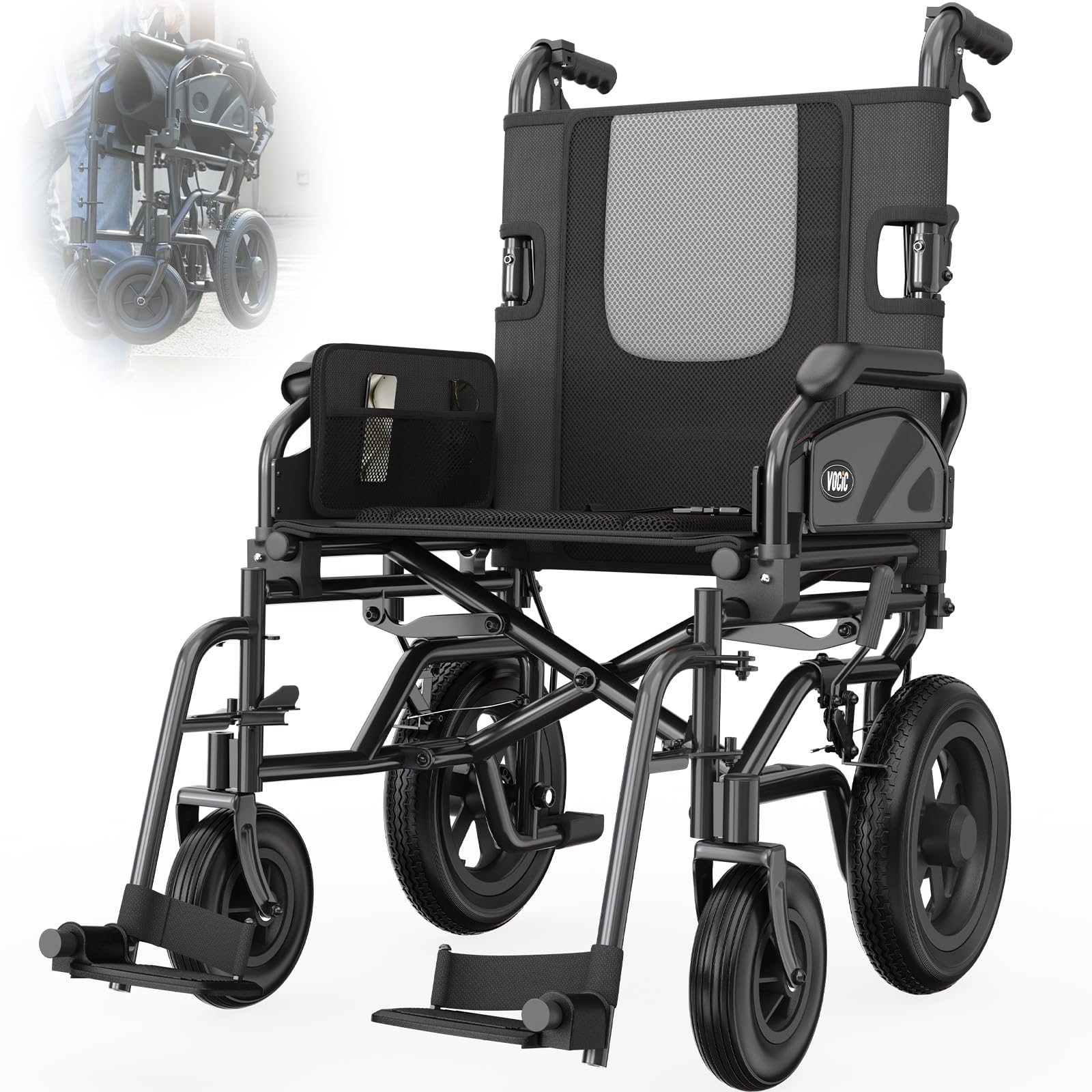 VOCIC Silla de ruedas U11, plegable, ligera, 13 kg, silla de ruedas para apartamento, plegable hasta 136 kg, asiento 46 cm, dos frenos, 30 cm, cojín de malla 3D, sillas de ruedas estrechas