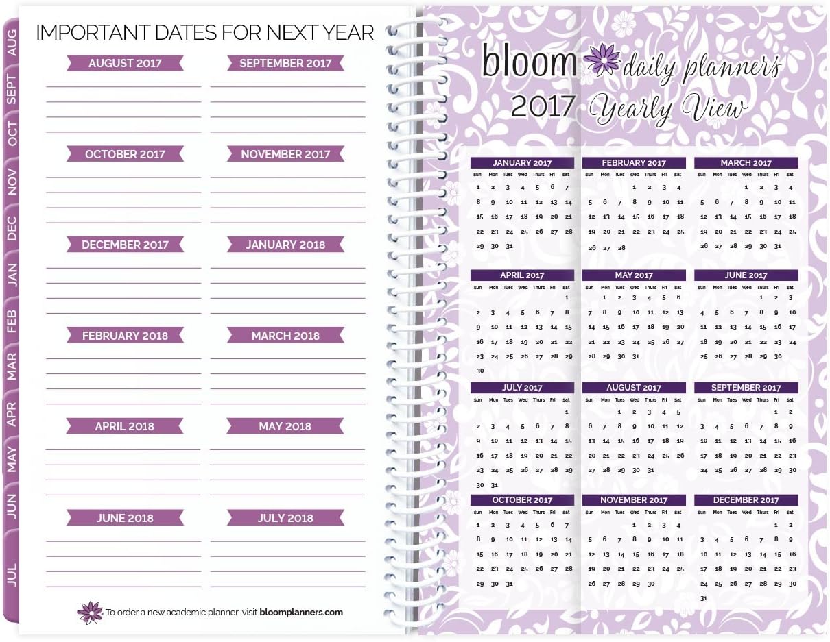 bloom daily planners 2016-17 Academic Year Daily Planner - Weekly and Monthly Datebook Calendar - August 2016 - July 2017 (6" x 8.25") - Purple Damask