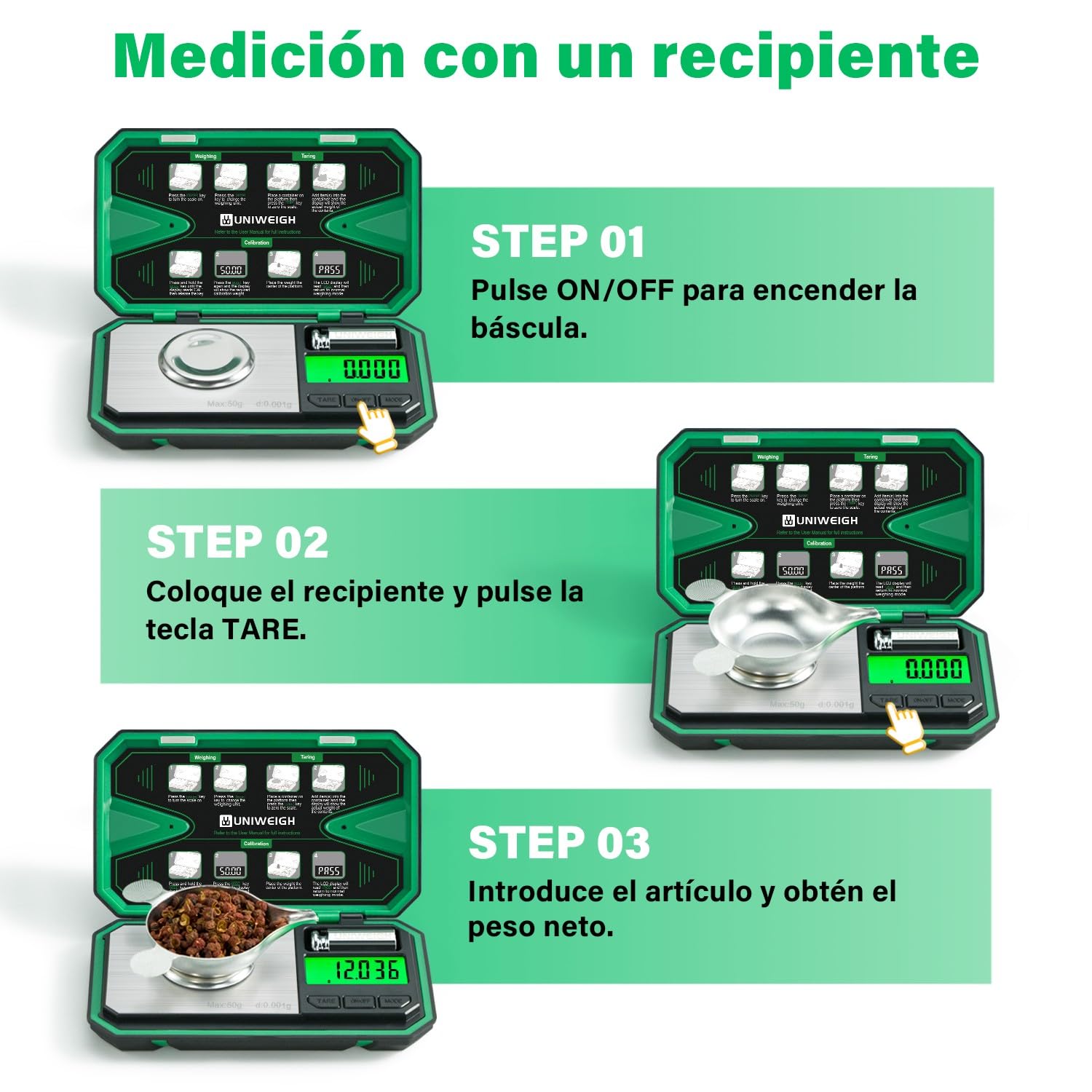 UNIWEIGH Báscula de precisión miligramos 0,001 g/50 g, digital para joyas, polvo, monedas, oro, piedras preciosas, recarga, microgramos, 6 unidades, tara, calibración
