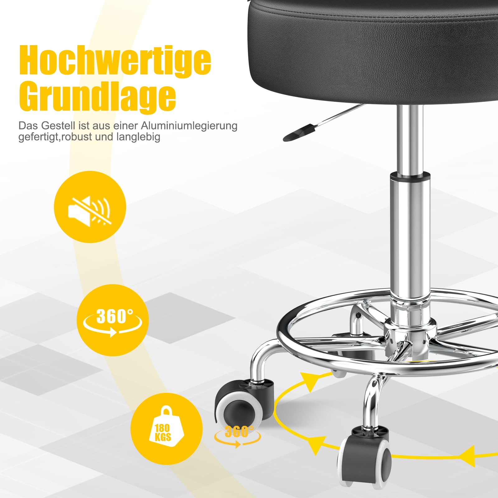 Hocker höhenverstellbar 49cm-63cm,Rollhocker mit fußstützezur Entspannung des Körpers,kompakt,bequem und leicht PU leder hocker mit rollen,drehhocker,arbeitshocker,friseurhocker,bürohocker (1 Schwarz)