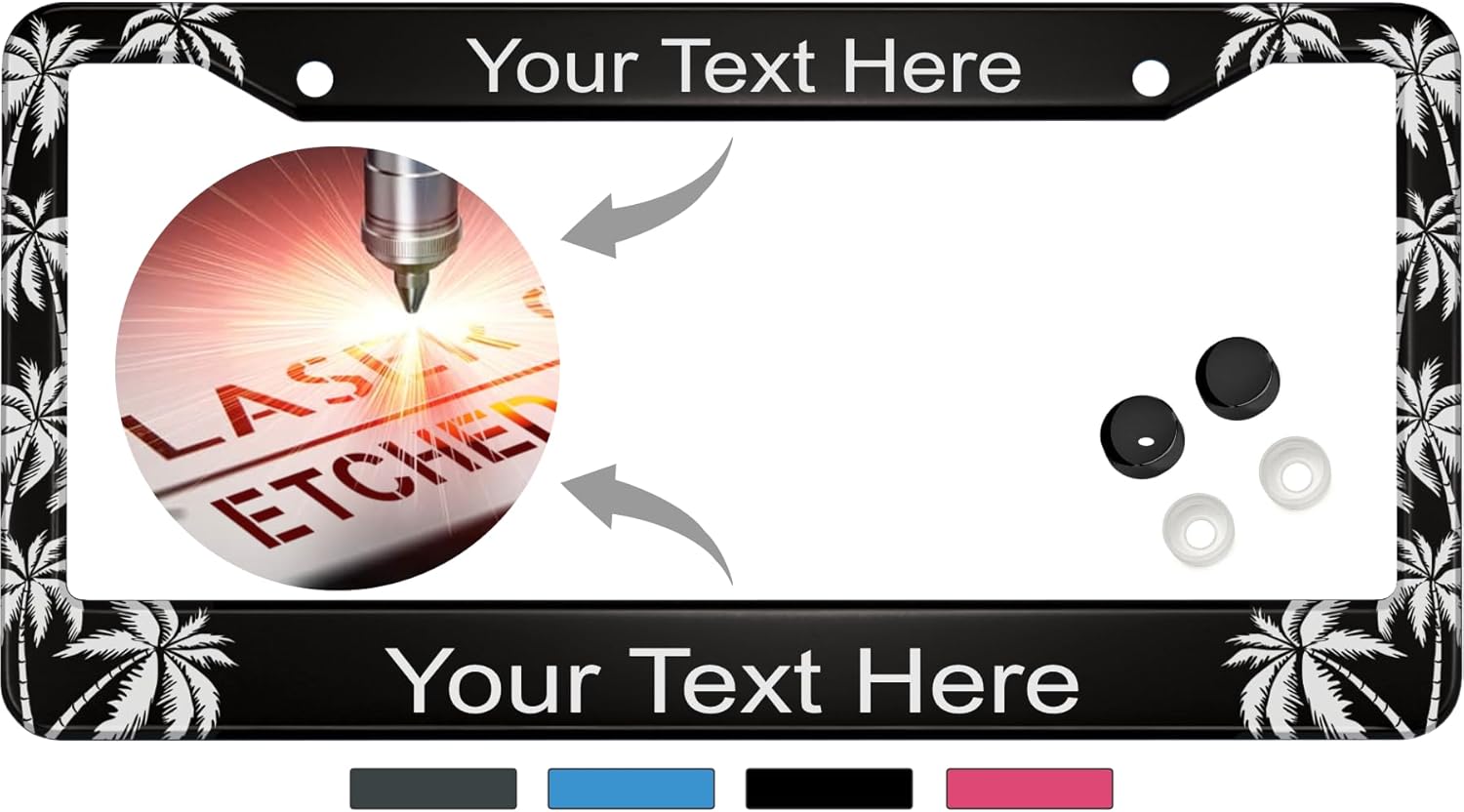 Tropical Palm Trees Design with Your Custom Text | Laser Etched Anodized Aluminum Standard Size - CAR/Automobile License Plate Frame & Free caps - Black (Qty: 1 Frame)