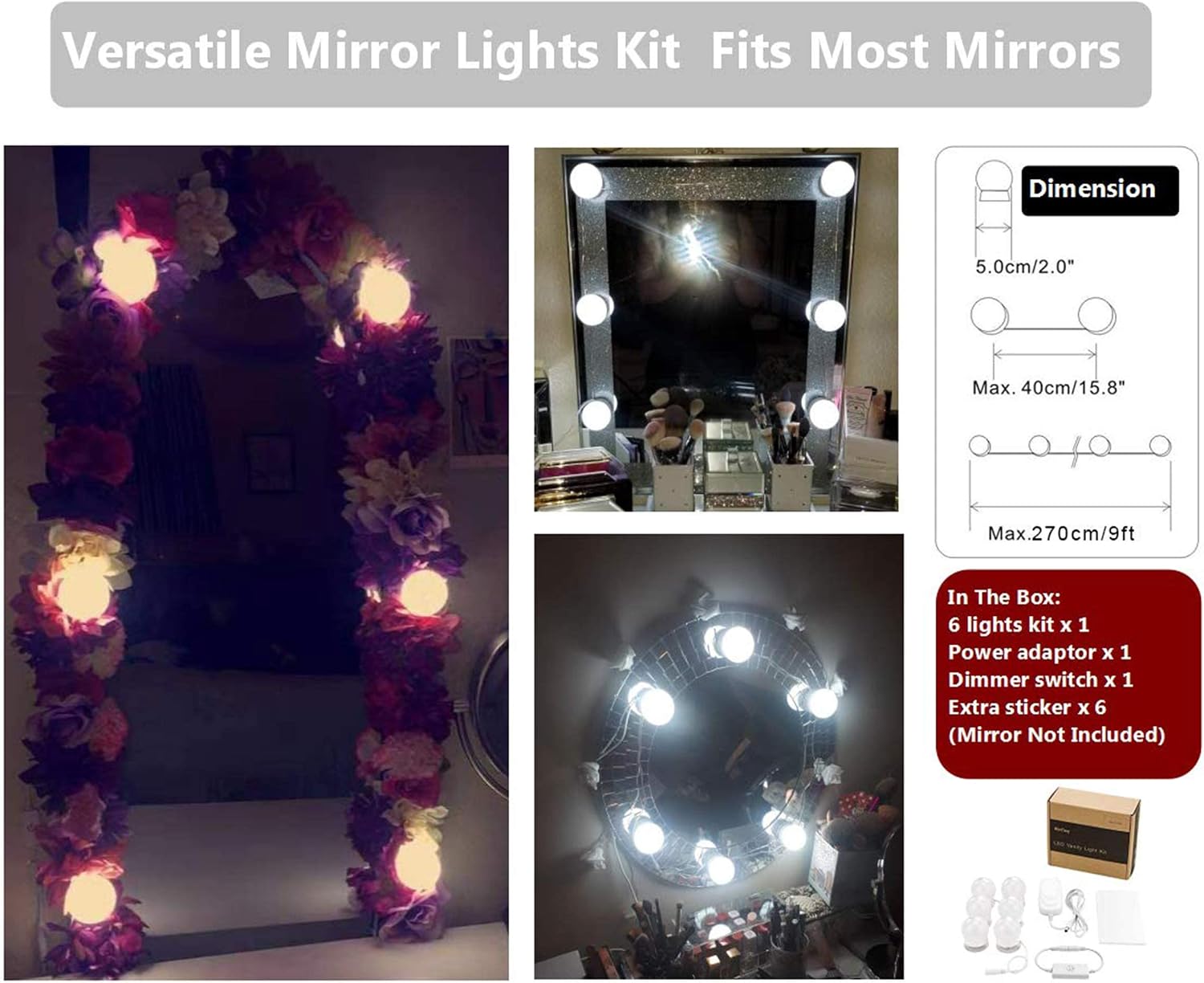 Waneway Hollywood Vanity Lights for Lighted Makeup Mirror Dressing Table DIY LED Lighting Strip Stick on Plug in with Dimmer and Power Supply, 6 Light / 9 FT, Mirror Not Included