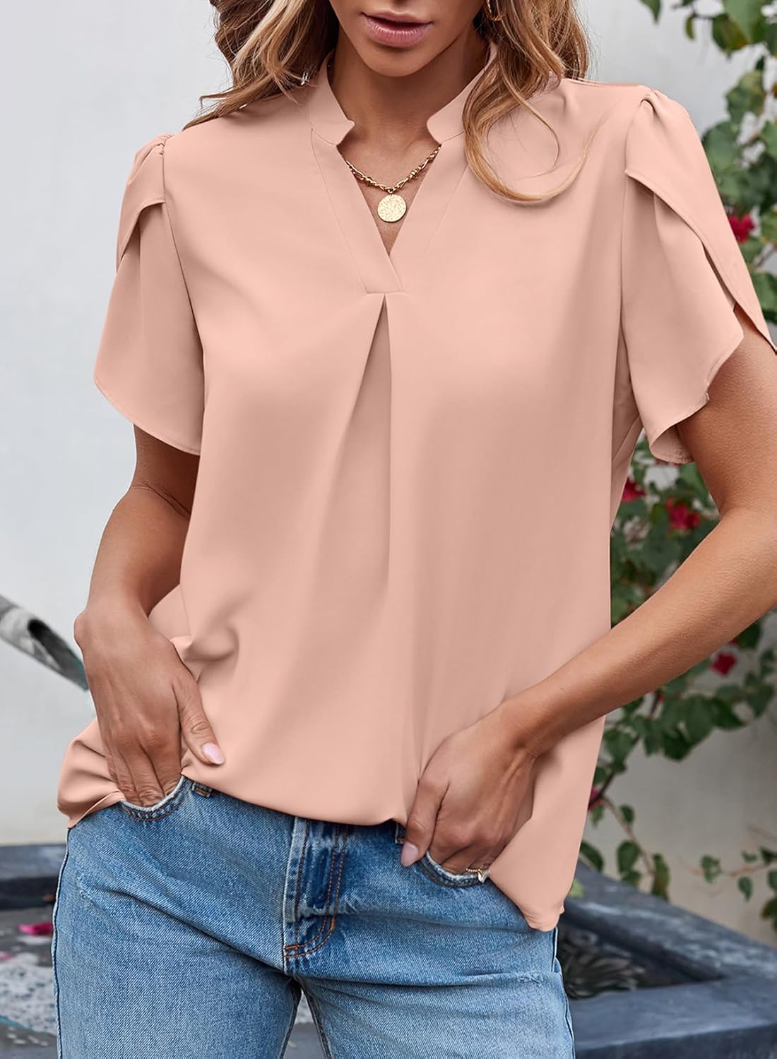 EVALESS Women's Dressy Casual Business Work Chiffon Blouses Tops Summer V Neck Cute Loose Petal Short Sleeve T-Shirts - Image 5