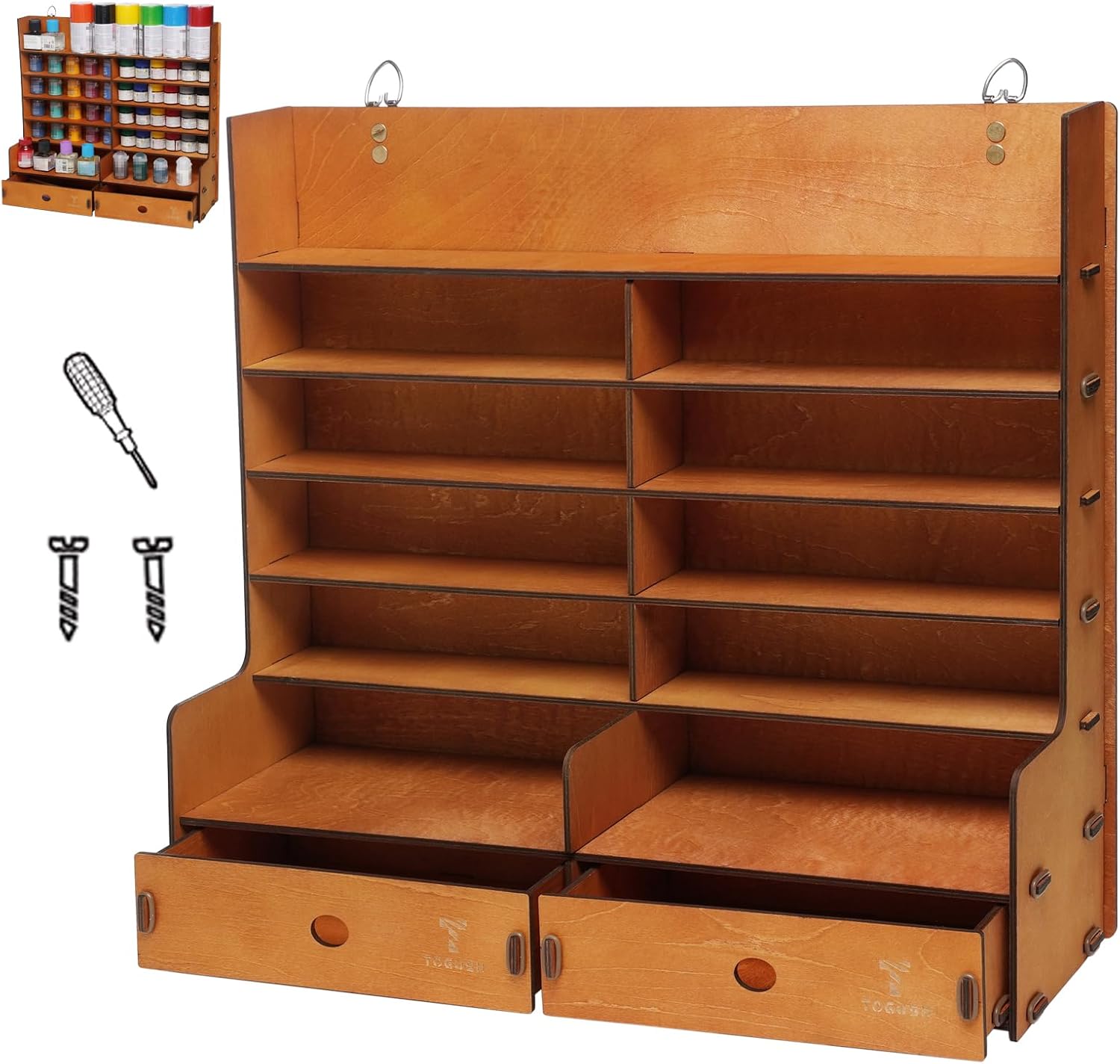 Miniature Paint Rack, 6-Tier Wall Mount Paints Organizer with 2 Drawers for Model Craft Miniatures, Tools Brushes, Spray Cans for Paint Holder Storage