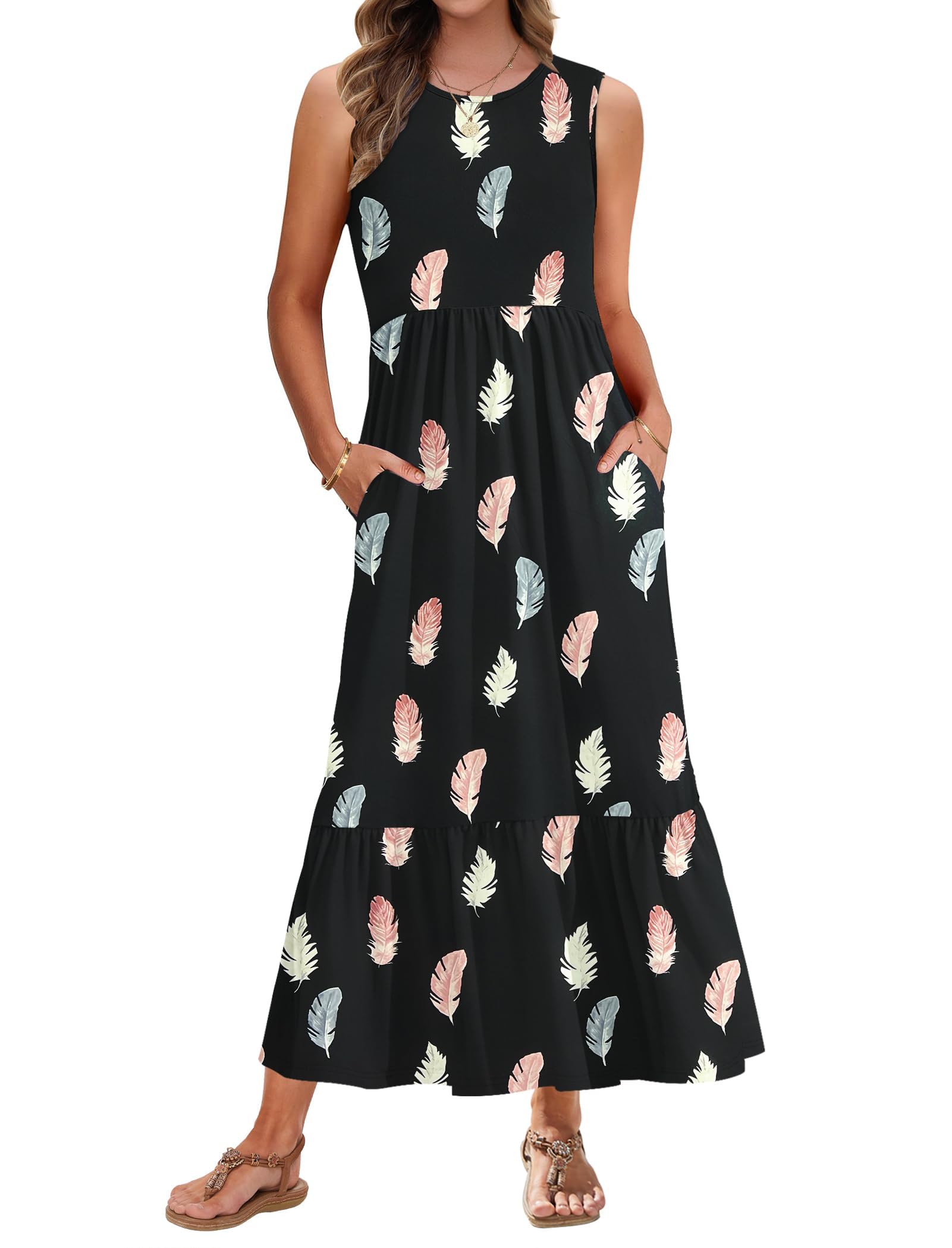 Auselily Women's Colorful Plume Summer Dresses For Uk Sleeveless Maxi Dresses Beach Coverups Sun Dresses Tiered Long Dress With Pockets Xxl