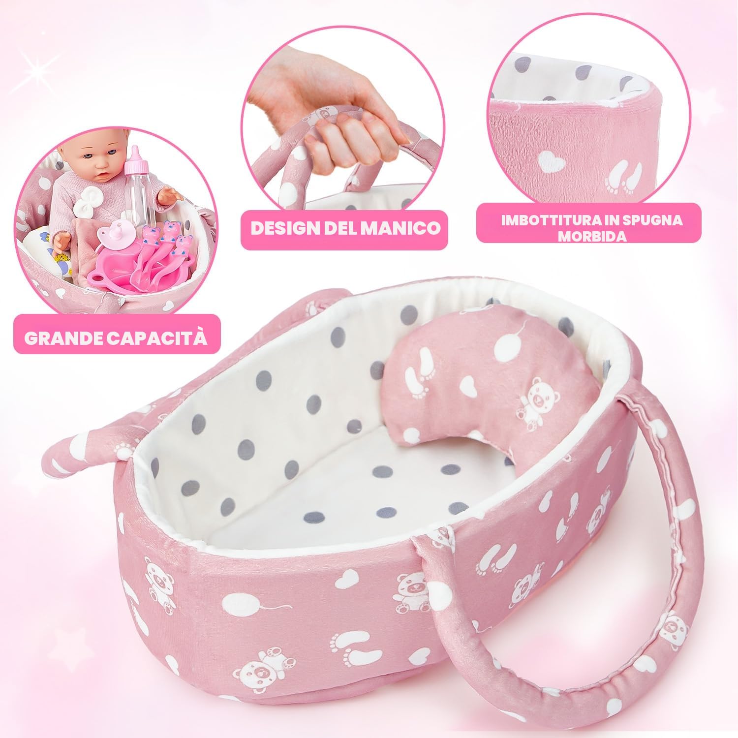 vamei Accessori per Bambola Reborn Femmina, Letto Portatile per Bambole con Vestiti per Bambole & Pannolini per Bambola Bambina & Borsa Fasciatoio & Biberon & Ciuccio, Regalo per Bambina 2 3 4 5 anni
