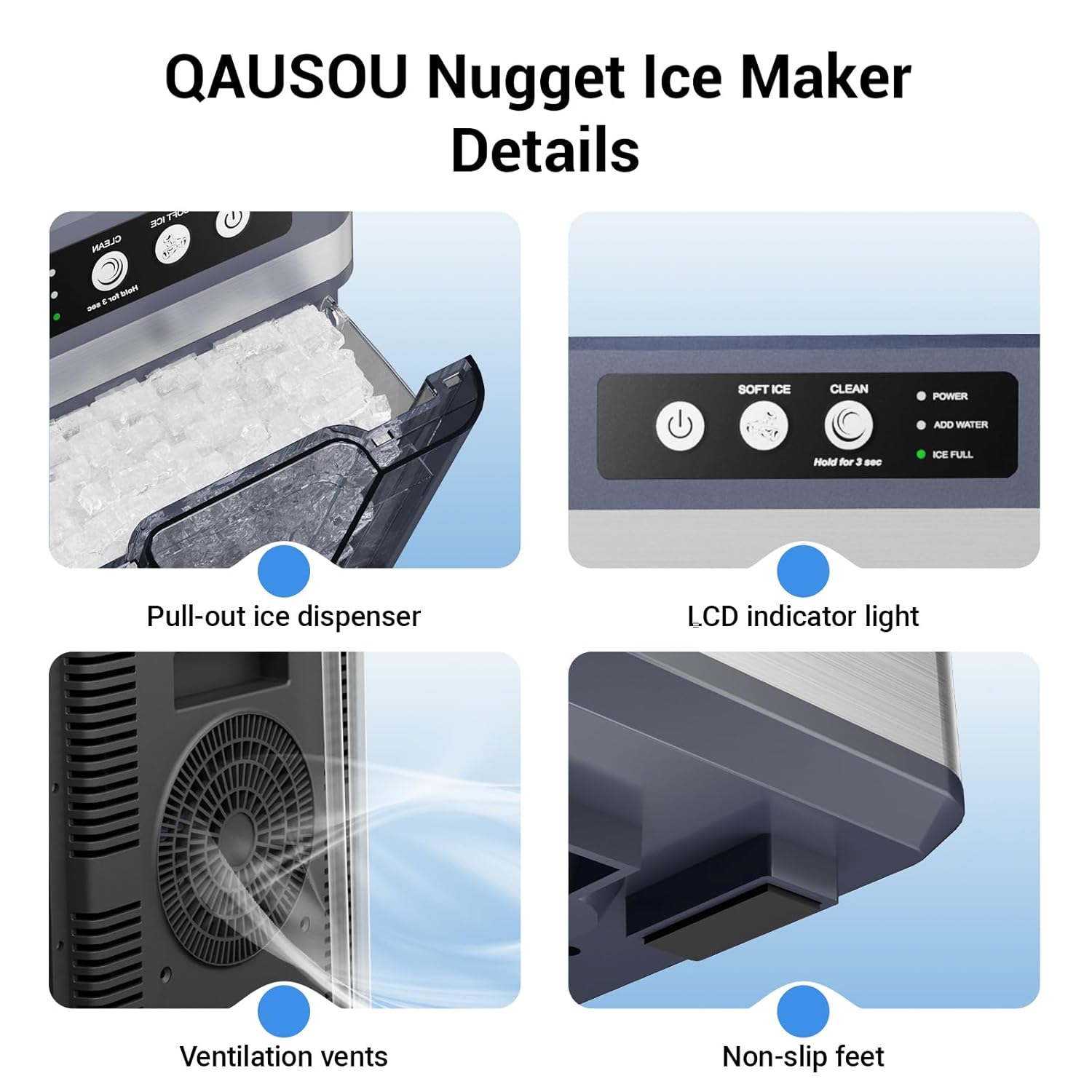 Nugget Ice Maker Countertop 44 Lbs/24h, Chewable Nugget Ice Machine with Side Water Tank, Ready in 5-10 Mins, Self-Cleaning Pellet Ice Machine,Stainless Steel,Scoop Included