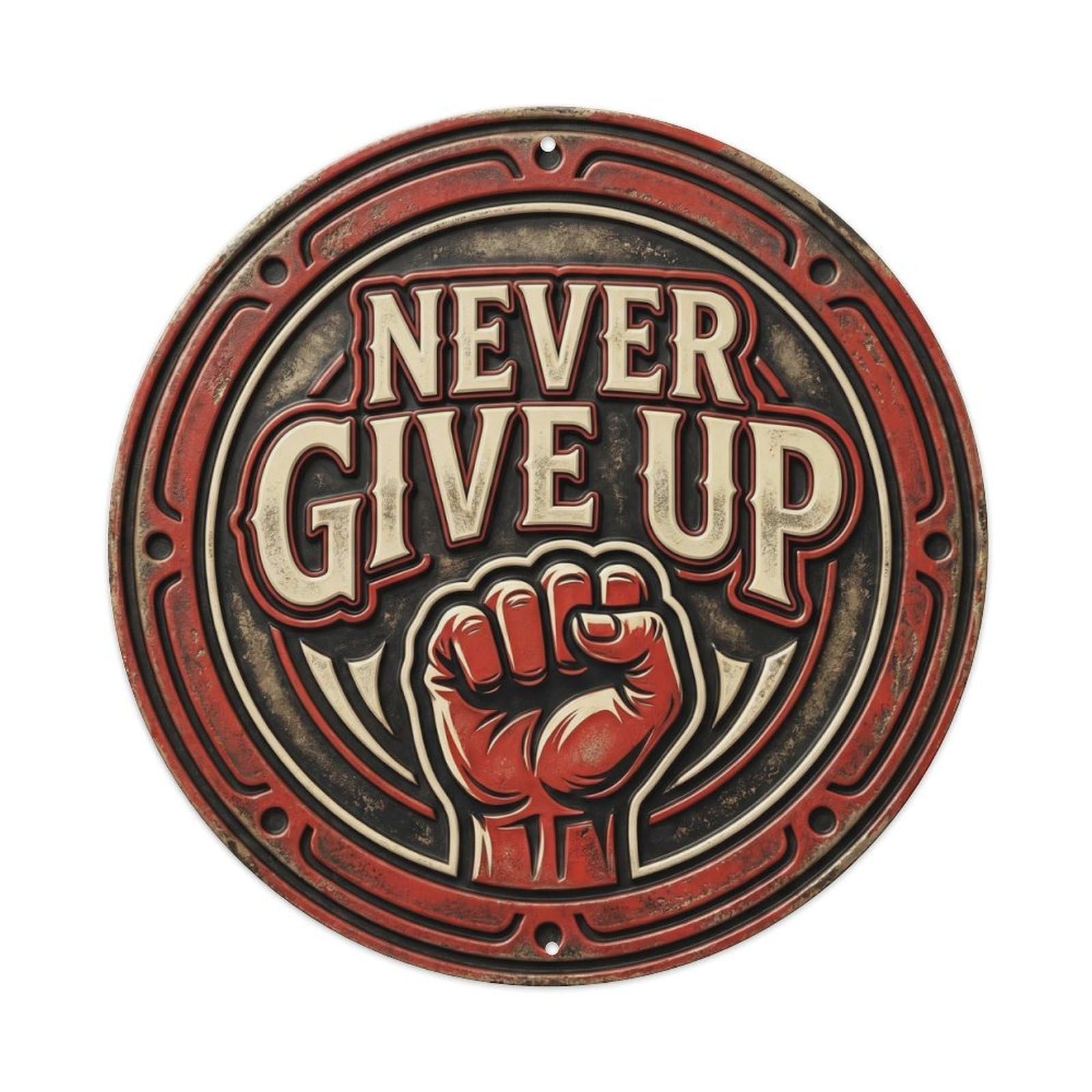 Never Give Up Nostalgic Positive Quote Vintage Type Classic Badge Metal Tin Sign Plaque Wall Decor for Cafe, Man Cave, Club Bar, Office, Home Garden Round Metal Poster 8x8Inch
