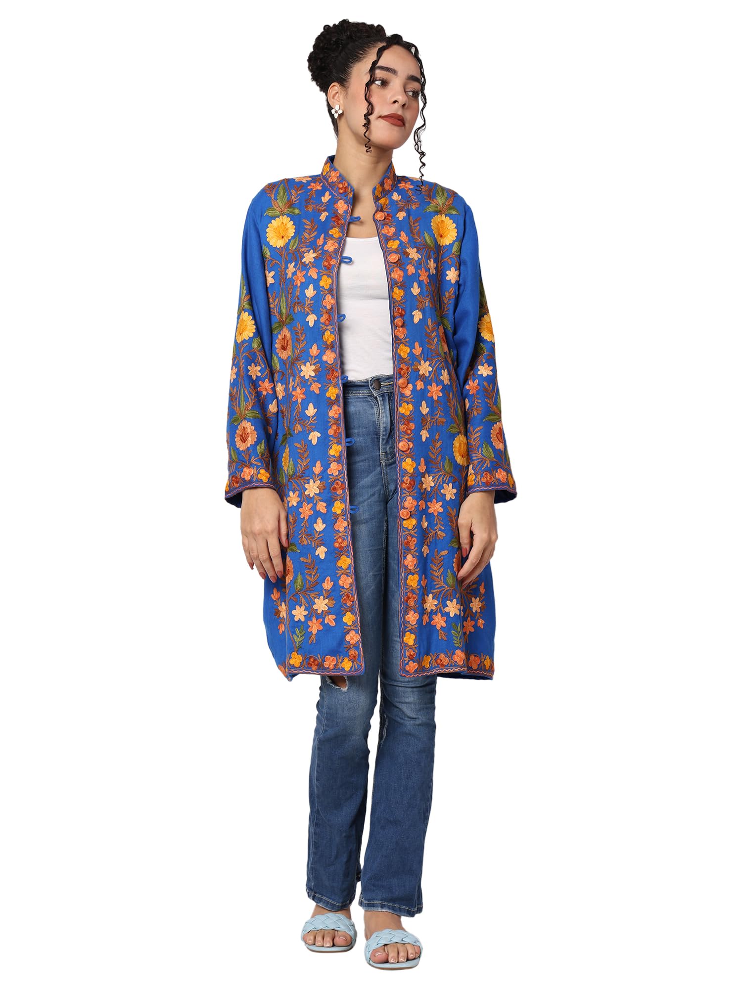 craftbazar Women's Kashmiri Embroidered Woolen Royal blue allover Long Coat-picture-13