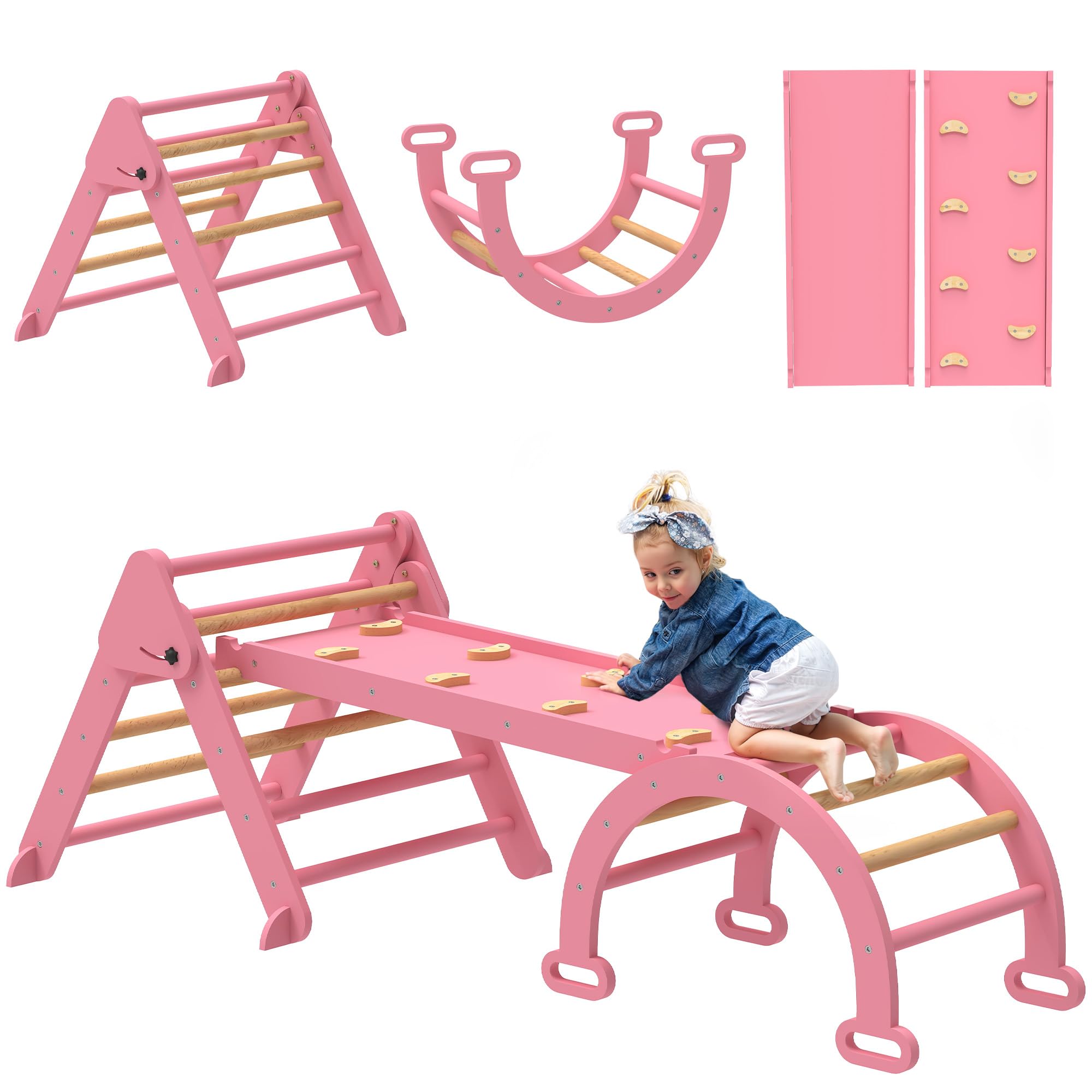 AIYAPLAY 7 en 1 Triángulo de Escalada Montessori con Arco y Rampa, Escalada para Niños de Madera Plegable, para 18-48 Meses, para Deslizarse o Escalar, 188x70 cm, Rosa