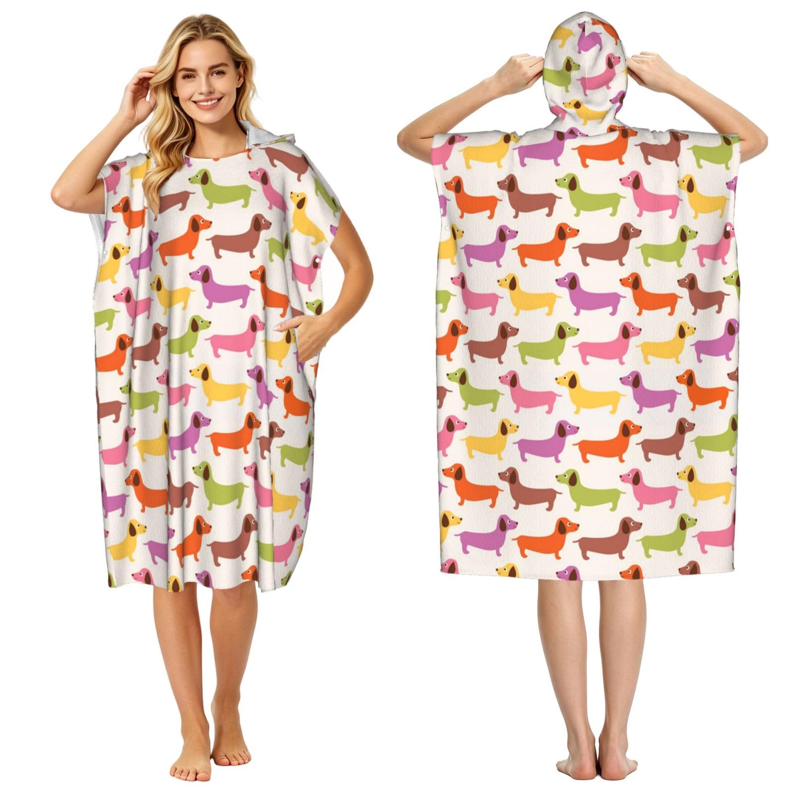 Poadnly Dachshund Sausage Dogs Cute Dog, Adult Hooded Beach Towel 90 x 110 cm,Changing Bath Robe, Surf Poncho Towel For Women Men
