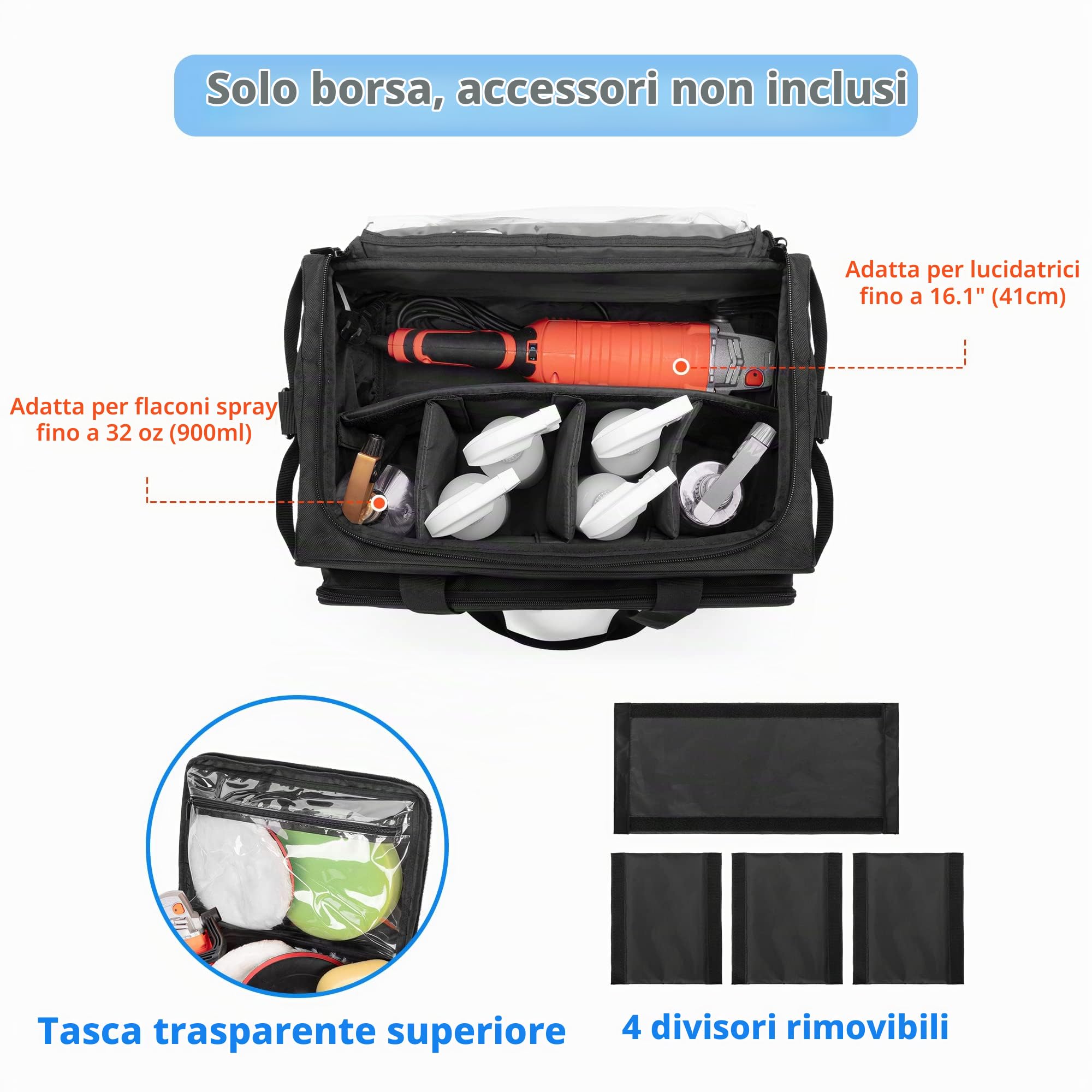 samdew Borsa Capiente per Detailing, Solo Borsa | Organizer Portatile per Prodotti e Attrezzature da Detailing e Lavaggio Auto (Flaconi, Utensili, Lucidatrice)