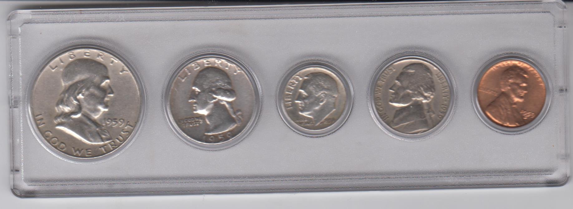 1959 Birth Year Coin Set (5) Coins - Silver Half, Silver Quarter, Silver Dime, Nickel, and Cent all Dated 1959 and Encased in a Plastic Display Case Fine