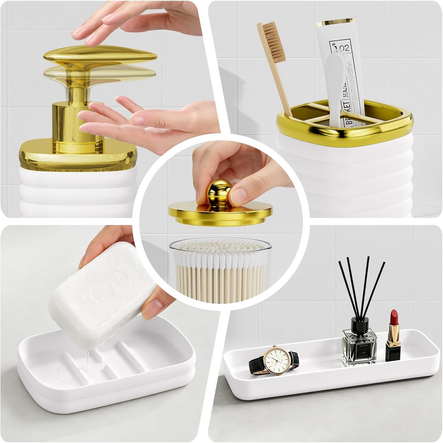 Bathroom Accessory Set - Gorgeous Bathroom Set, 7PC White Bathroom Accessories Set, Soap Dispenser, Toothbrush Holder, Qtip Holder Set, Bathroom Accessories Sets Complete for Home