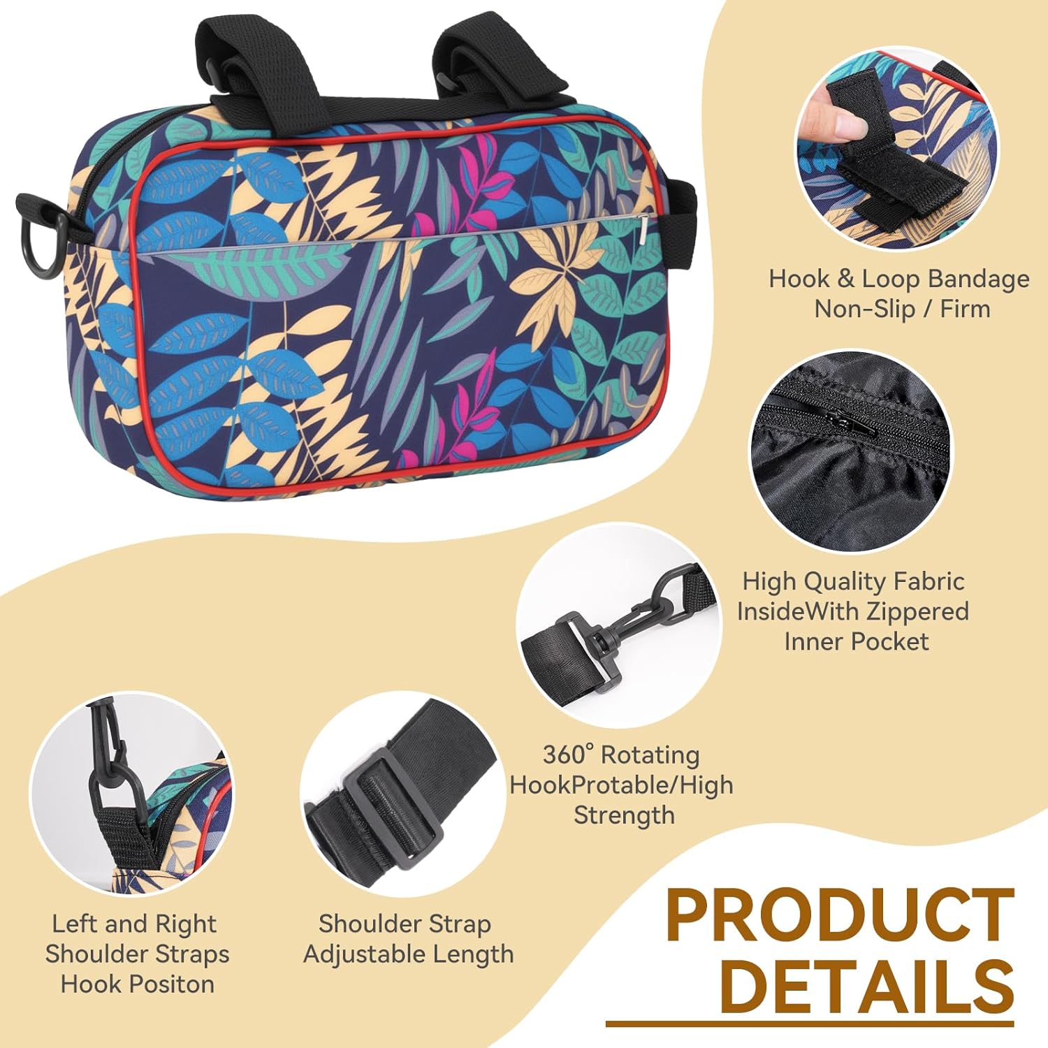 Bike Handlebar Bag, Waterproof Front Mount Bicycle Bag Converts to Crossbody Shoulder Bag, Multi-functional Cycling Storage for Men & Women (Leaf Flowers)