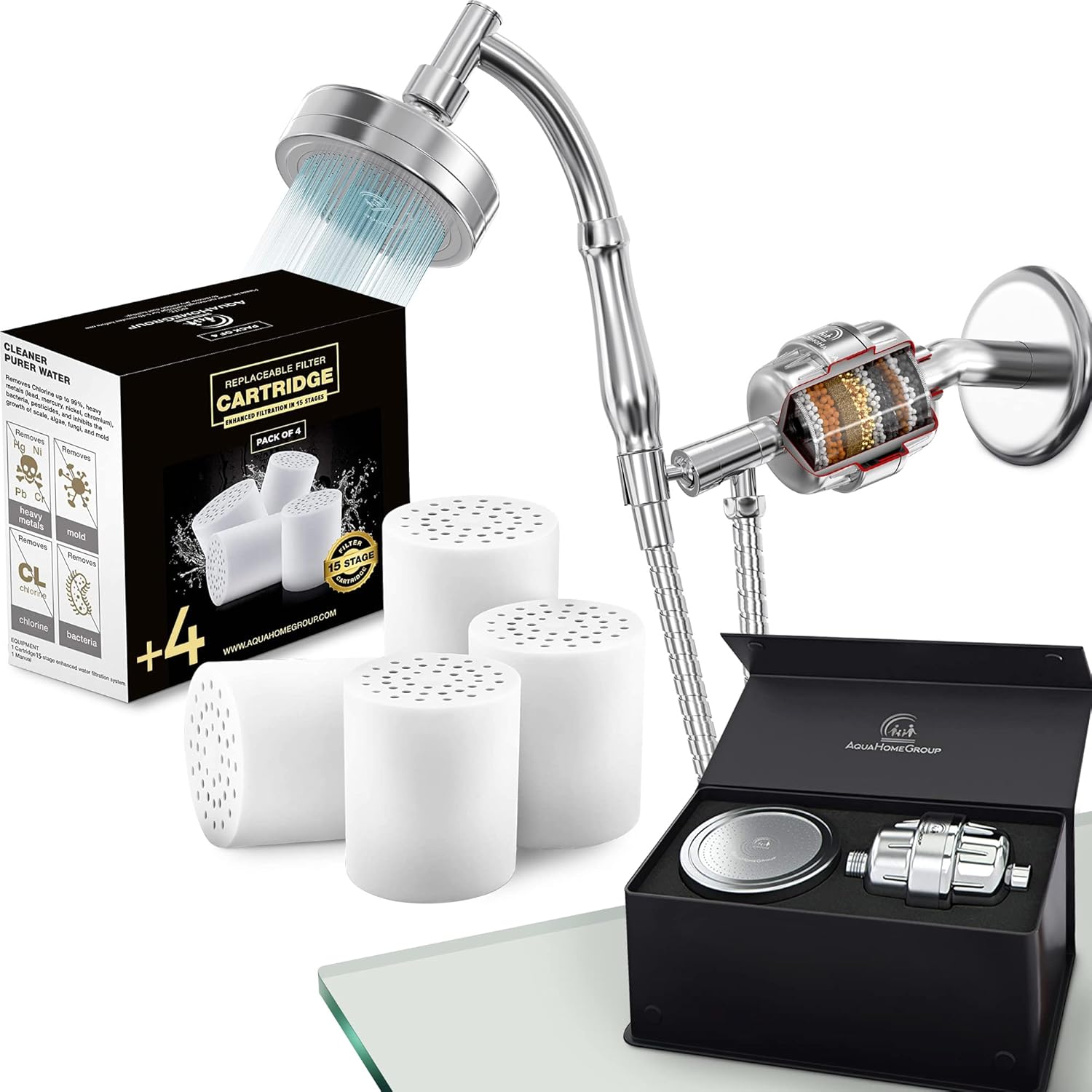 AquaHomeGroup Handheld Shower Head with Filter - 20 Stage Filtration Shower Filter for Hard Water - Vitamin C E and A and 4x filter cartridge bundle