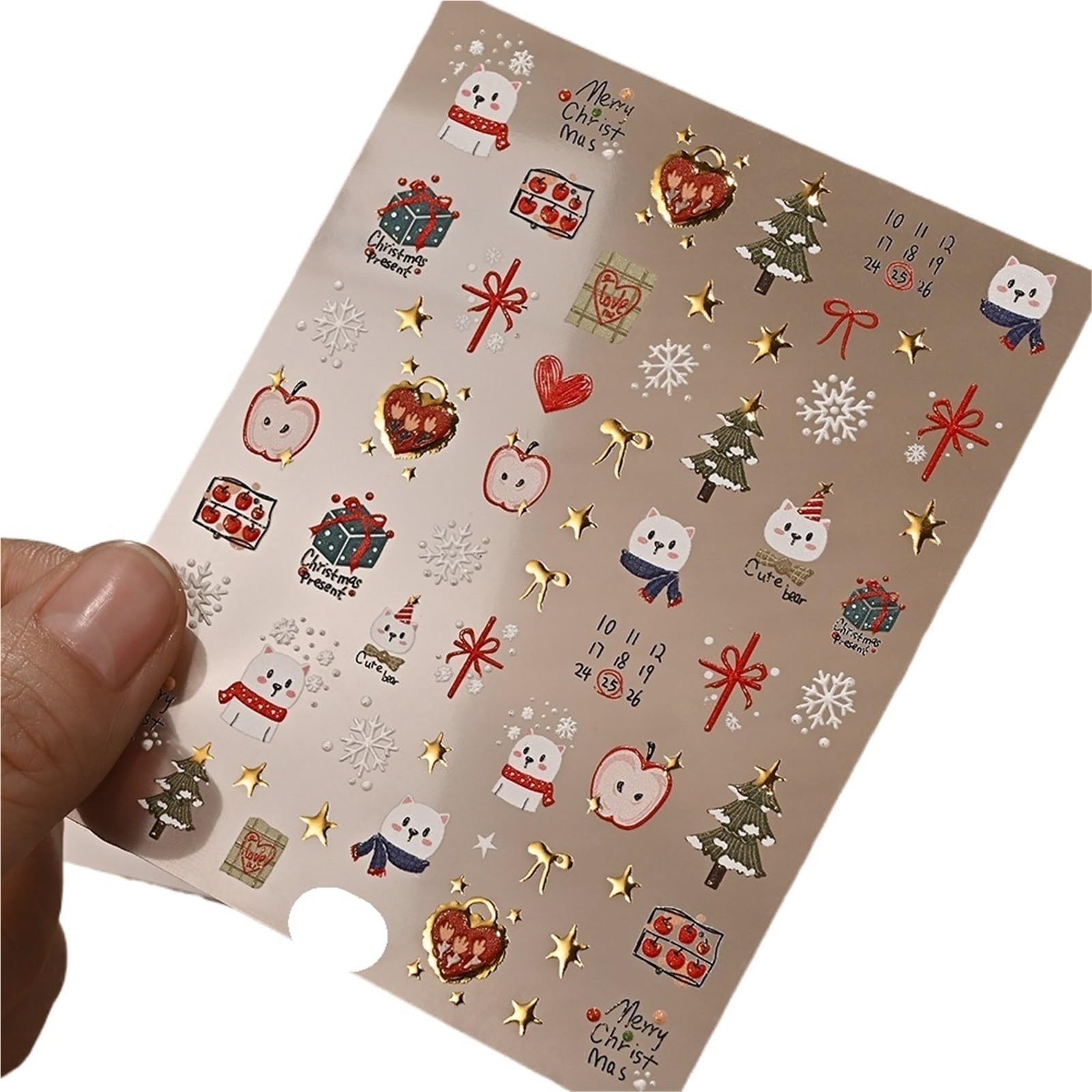 3pcs 5D Nail Stickers - Red Bowknot & Gold Snowflakes - White Snowflake Bow Decals for Holiday Nail Art(Color2)