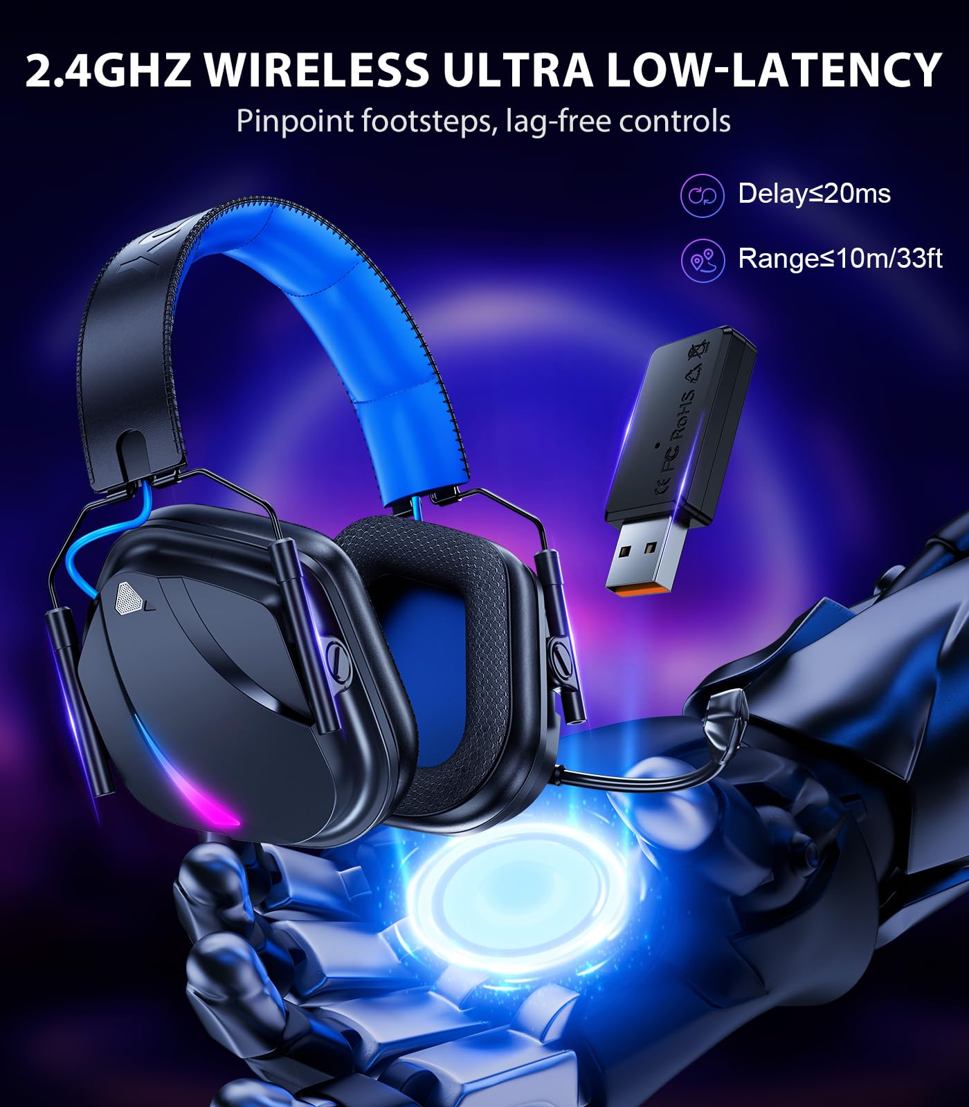 Vakedy HW12 - Auriculares inalámbricos para juegos para PS5/PS4/PC/Switch/Mac, 2.4 GHz de baja latencia y auriculares Bluetooth 5.2, controladores de 50 mm, micrófono con cancelación de ruido, RGB