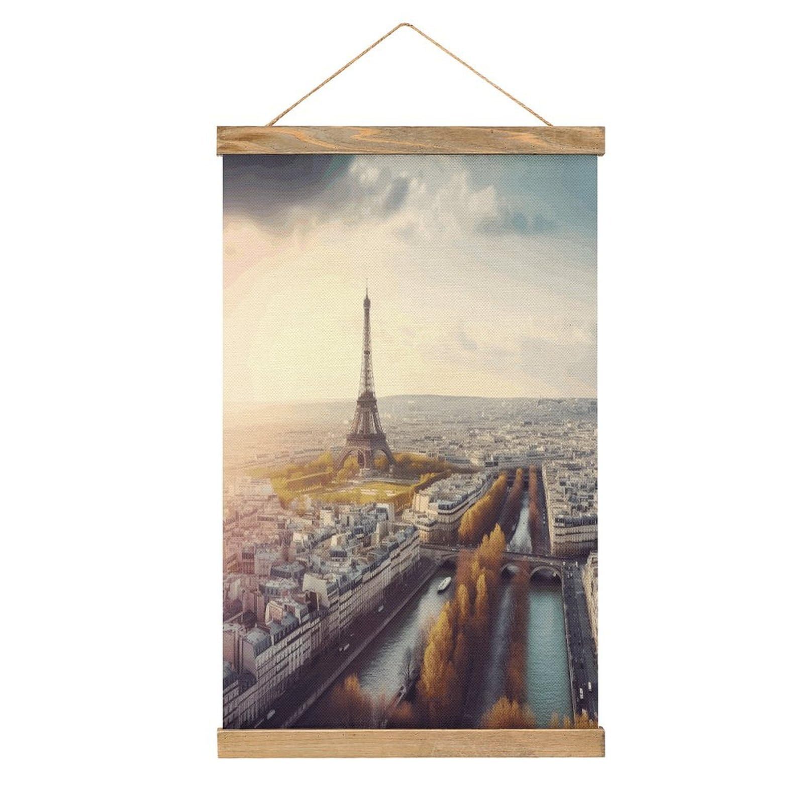 VstaDank Aerial View of Paris Cityscape Hanging Poster with Wooden Frame Modern Linen Hanging Painting Retro Style Wall Decor Art Painting for Living Room,Bedroom Decor Poster Frame 20.4x13.1inch