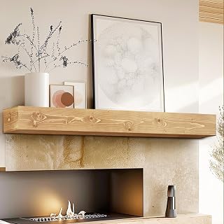 YLYHSST 60" Fireplace Mantel Shelf - 5" Thick Handmade Solid Pine Wood Floating Wall Shelf with Hidden Brackets, Rustic Wood Color