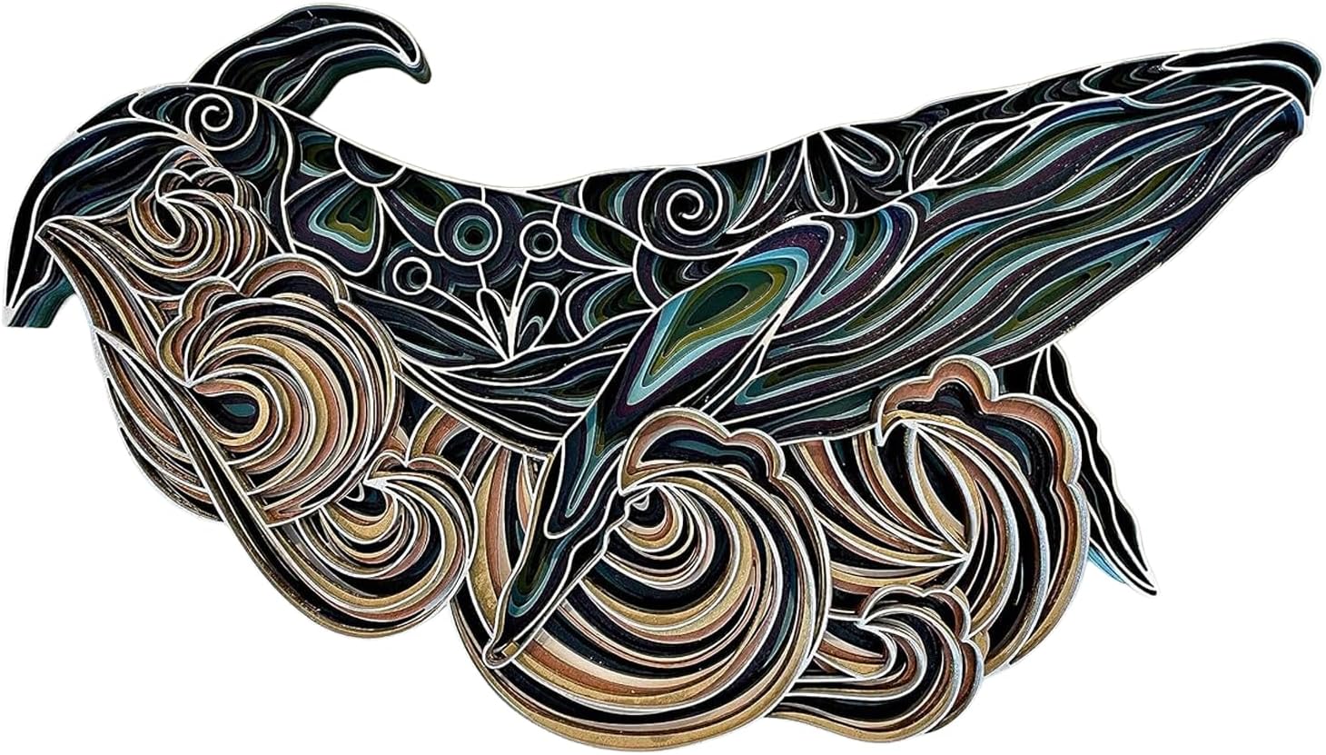 Breaching Whale Wood Mandala Wall Art, 13x8x1.5" | 11 Layers, Shimmering Water, Beach Chic Decor, Ocean Sealife