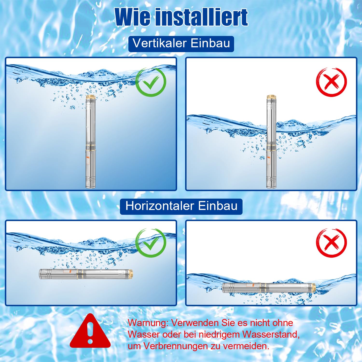 Herrselsam Pompe à puits profonds, 370W 4000L/h Pompe Submersible en Acier, Pompe à Eau Immergée Compatible Sable avec Câble de Raccordement et Boîte de Commande, 3,4 bar max