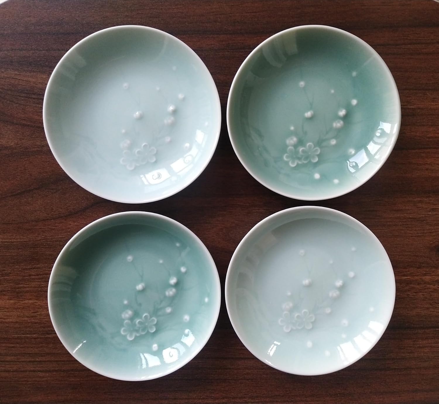 Longquan celadon 4.0 inch Beautiful Plates,Appetizer Saucer Vinegar Dish, Sushi Dipping Saucers, Ceramic Dessert Dishes,Natural Mineral Glaze lead-free 4 pcs (Dichromatic azurol)