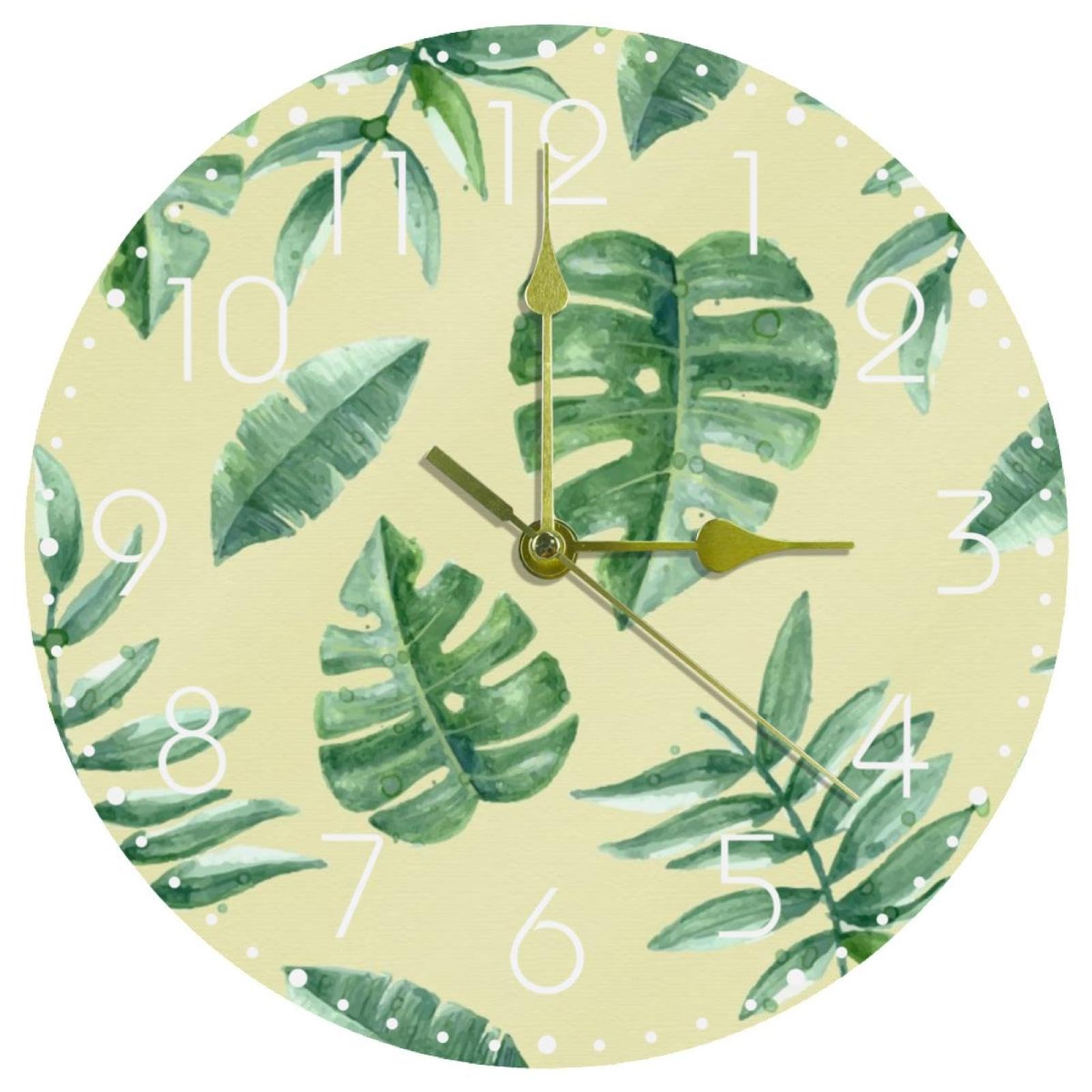 Horloge murale silencieuse à piles en acrylique motif feuilles tropicales