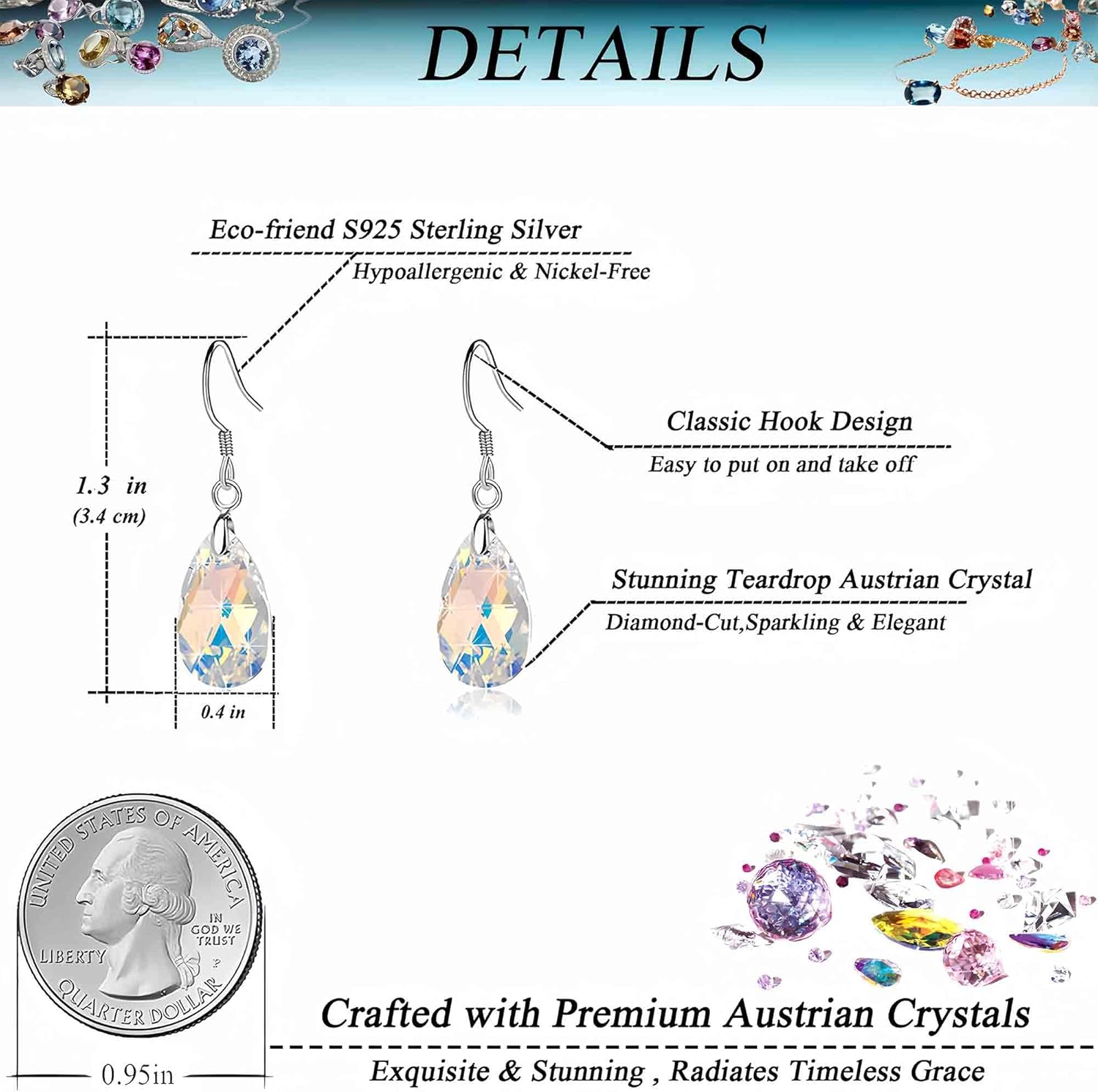 Teardrop Austrian Crystal Drop Dangle Earrings for Women 925 Sterling Silver Hook Hypoallergenic Jewelry - Image 4