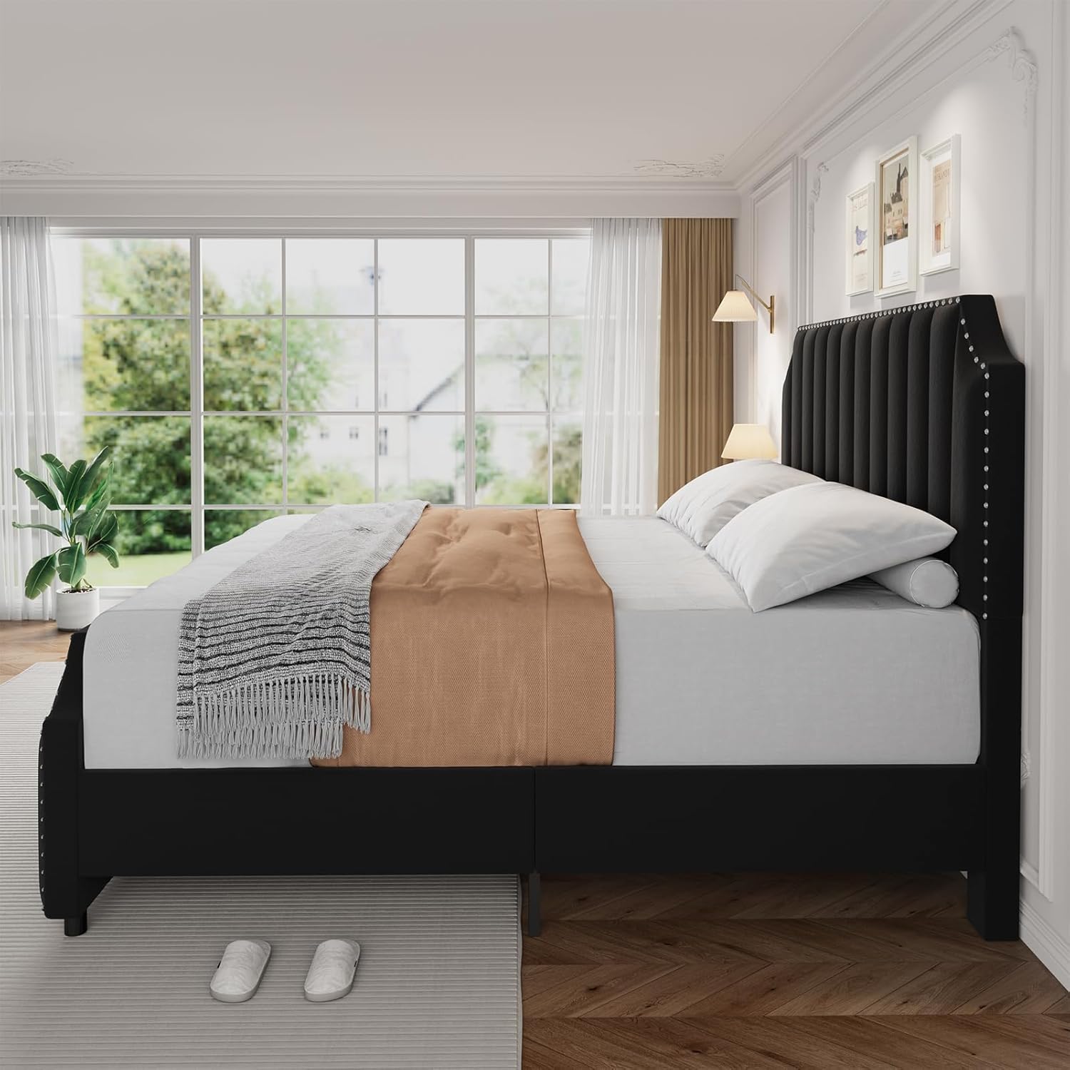 King Size Bed Frame, Platform Bed Frame with Velvet Upholstered 50.2'' Headboard, Rivet Decoration, Strong Wooden Slats, No Box Spring Needed, Easy Assembly, Black