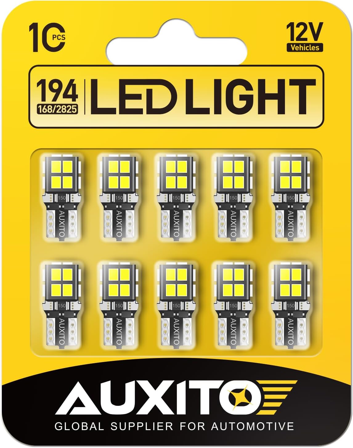 AUXITO 194 LED Bulb 6000K White 168 2825 W5W T10 Wedge 14-SMD Interior Car Bulbs Replacement for Dome Map Door Courtesy Trunk License Plate Parking Lights, 10 PCS