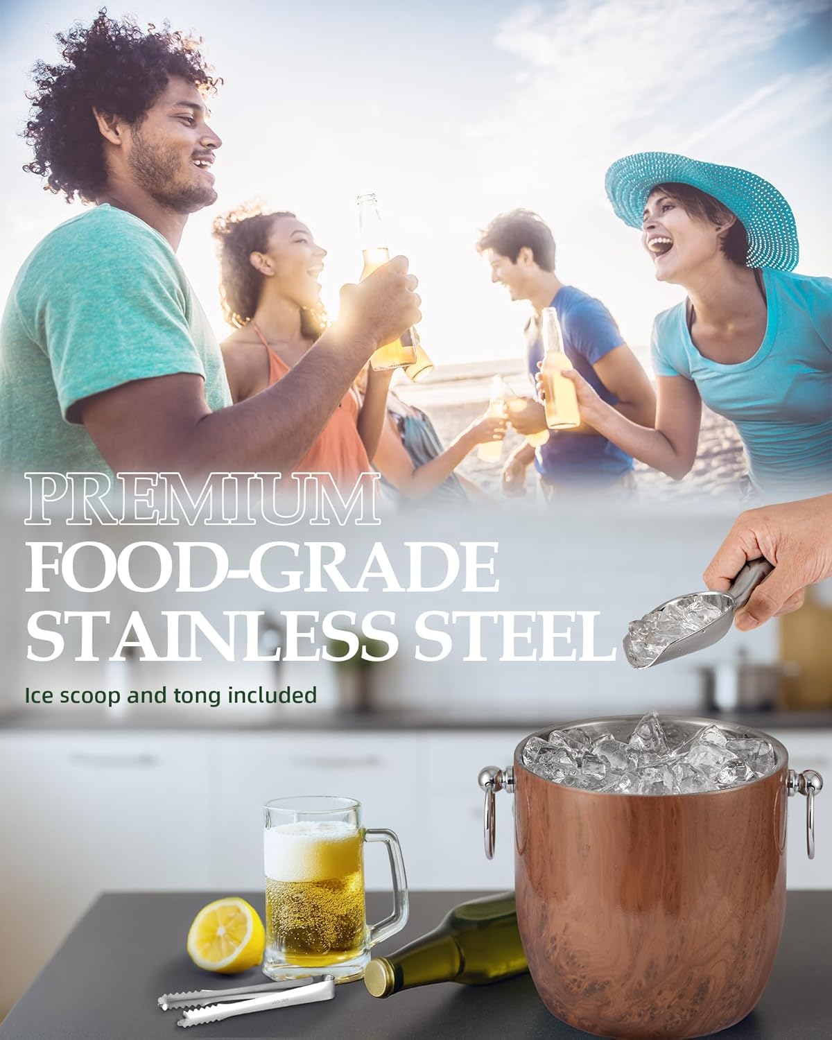 Insulated Ice Bucket, 3L Double Wall Stainless Steel Ice Bucket with Tongs,Lid, Scoop and Strainer, Ice Buckets for Parties,Cocktail Bars, Chilling Beer, Champagne, Wine Bottles,Wood - Image 6