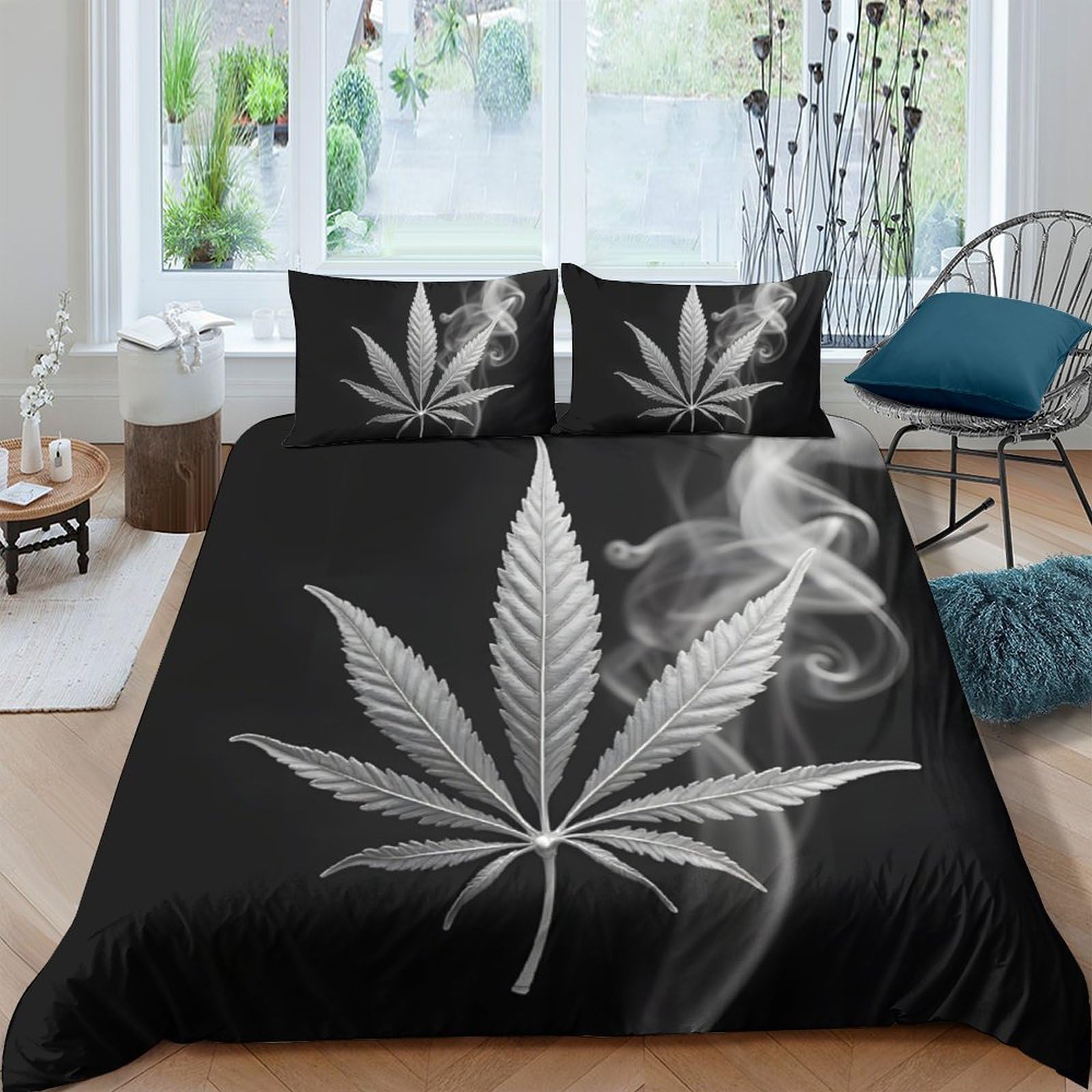 Ctjqhvkz Style-3 3D Printed Black Leaf Fitted Sheet Microfiber Soft Smoke Pattern Bed Sheet For Bedroom Guest Room Dorm Mattress Protection Decor Single（135X200cm）