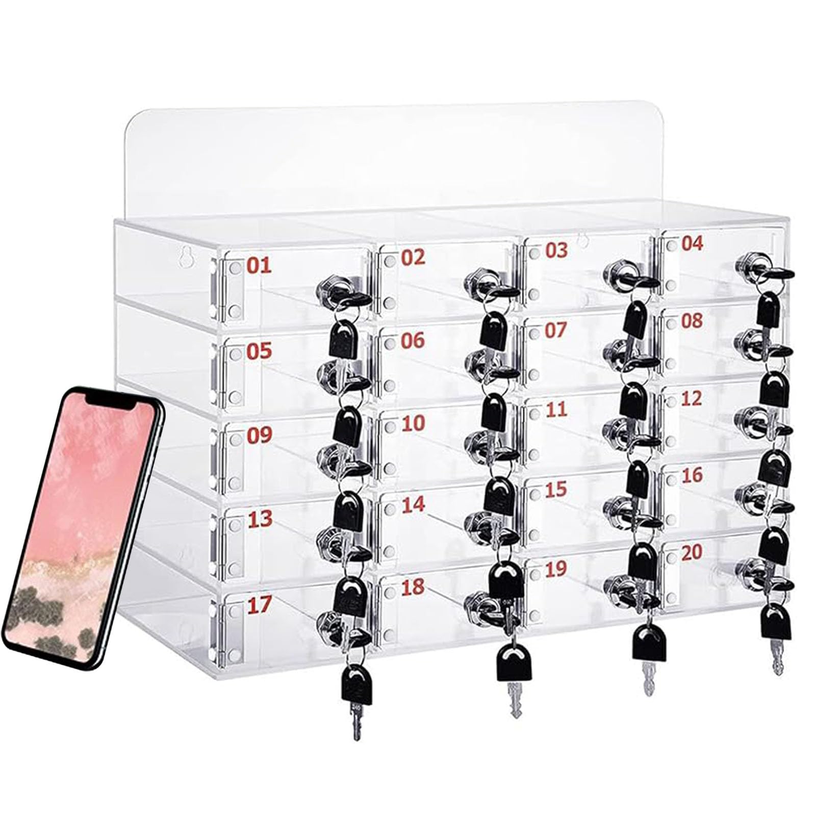 Mobile Phone Locker 12/24/36/48/60 Slots Mobile Phone Storage Cabinet with Carry Handle, Lock, Aluminium Wall Mounted or Desktop Management Box Suitable for School, Offices (Transparent, 20 Slot) — image 1