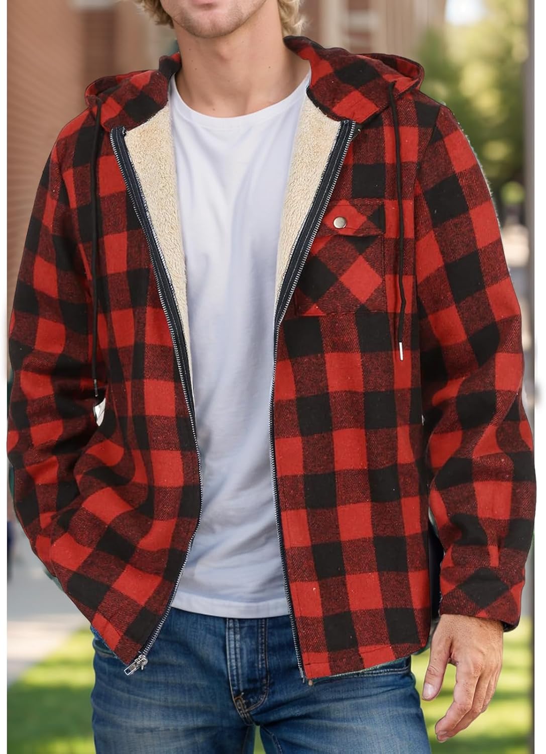 Sherpa Lined Flannel Shirt for Men Fleece Plaid Jackets Warm Hooded Coat Outdoor Trendy Jackets Winter Coat Outwears