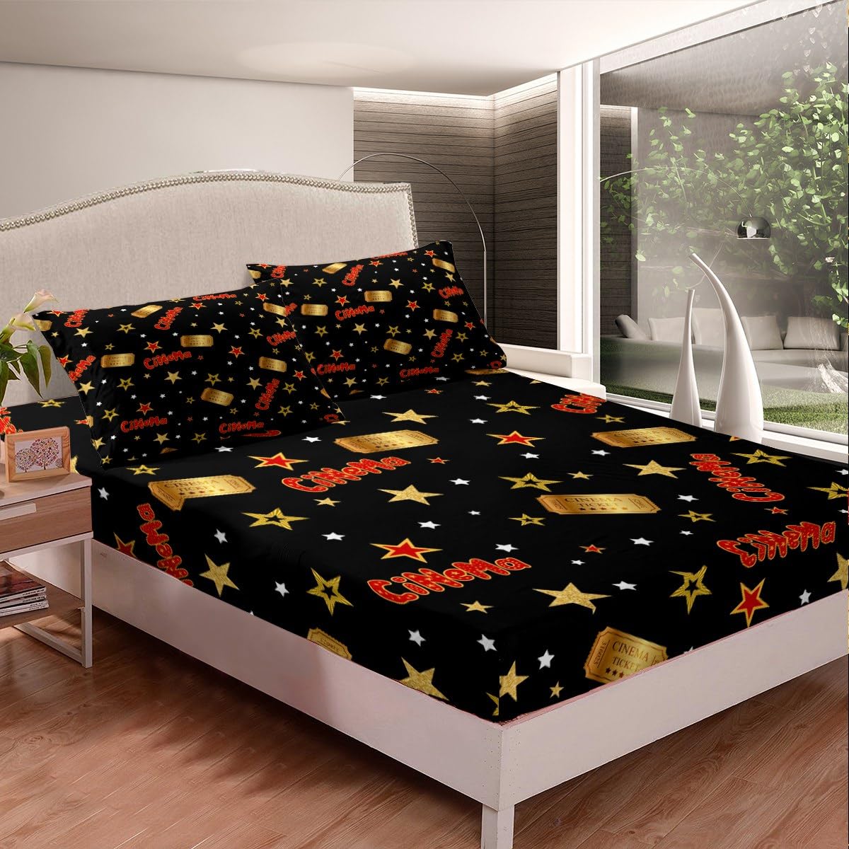 Set di lenzuola per bambini, ragazzi e ragazze, motivo cinema, con tasca profonda, in microfibra, per camera da letto singolo