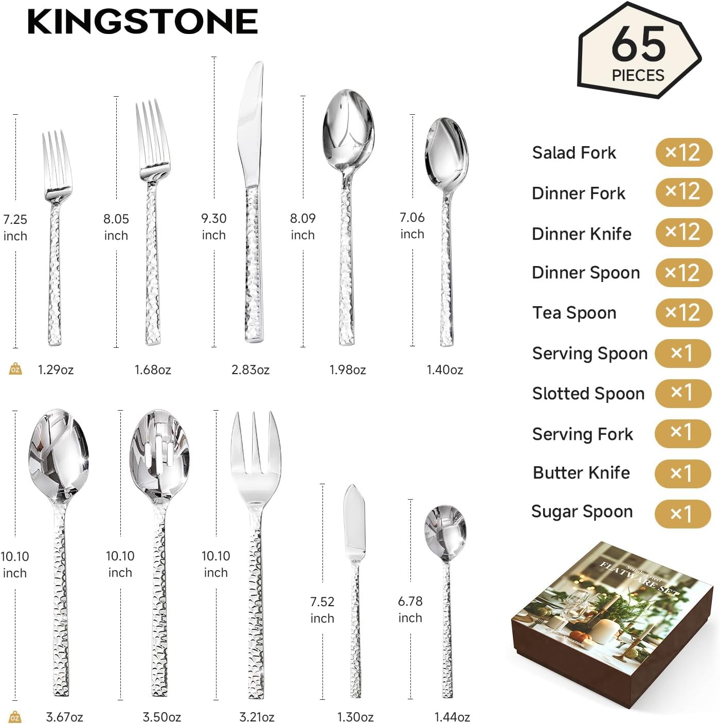 KINGSTONE 65 Piece Hammered Silverware Set with Serving Utensils, 18/10 Stainless Steel Flatware Set for 8, Cutlery Set for Home, Party, Wedding, Mirror Polished Dishwasher Safe