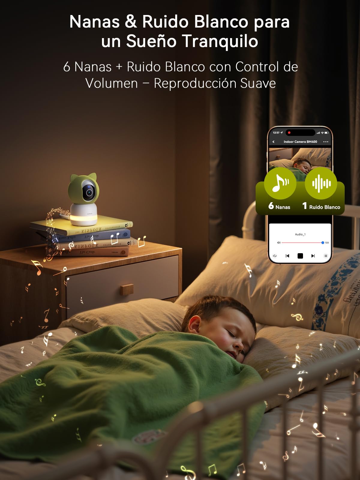 Outinput 2K 4MP Camara Vigilancia Bebe WiFi Interior, 355° Vigilabebes con Camara, App Remoto, Seguimiento Detección Automático, Audio de 2 Vías, Visión Nocturna, Alertas de Feed, 6 Canciones de Cuna