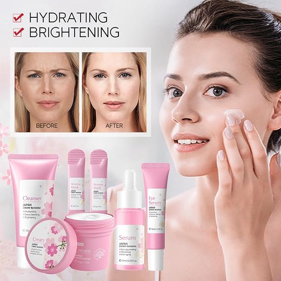 Skincare Gifts For Teenage Girls,Cherry Blossom Skincare Sets,Facial kit,Pamper Sets For Women Gifts,Skin Care Sets & Kits with Cleanser, Face Serum, Face Cream,Toner,Eye Cream,Mask (7PCS Sakura)