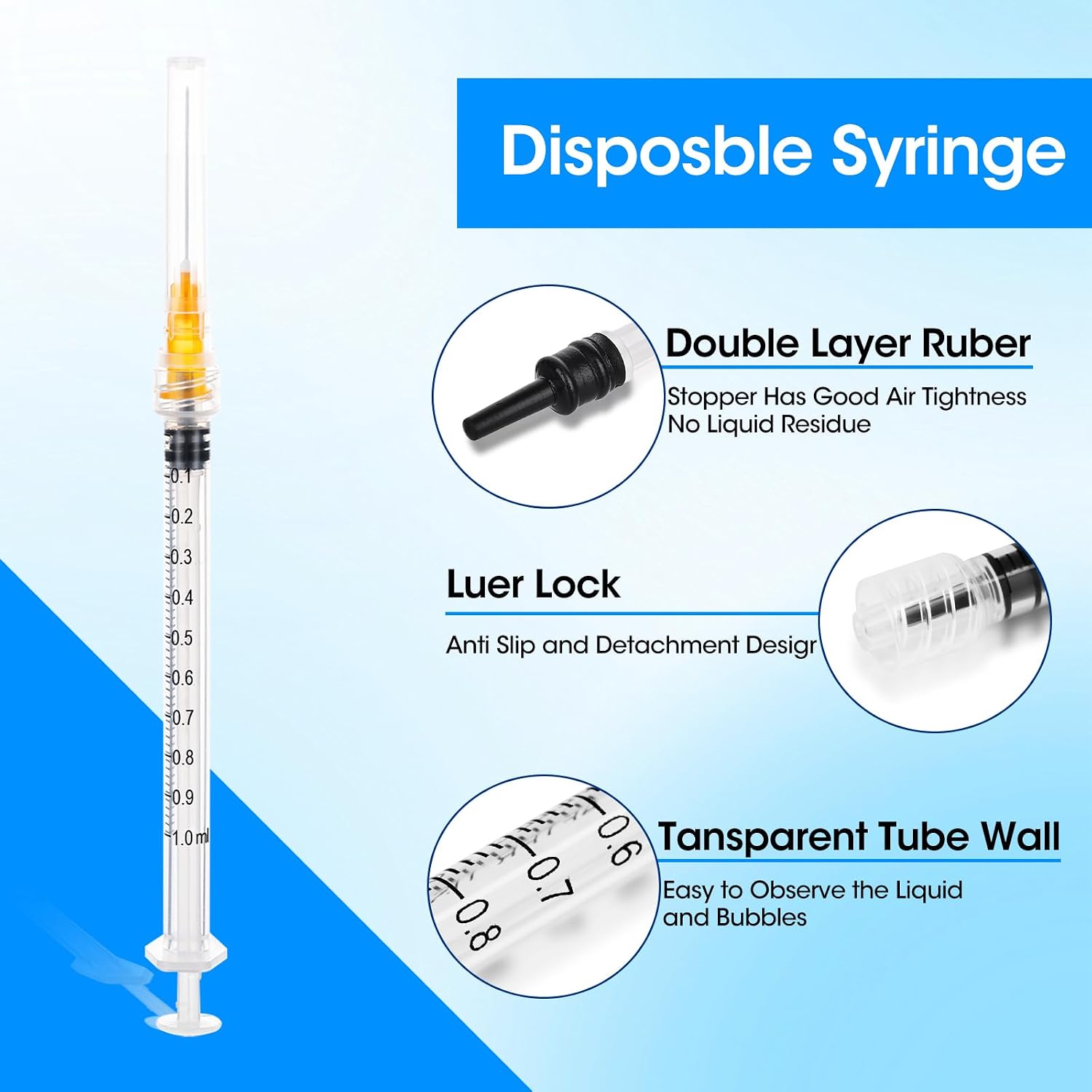1ml Syringe, 1cc Luer Lock Syringes with 25G 1 inch Needle, for Lab Liquids Refilling , Individually Wrapped , 100 Pack