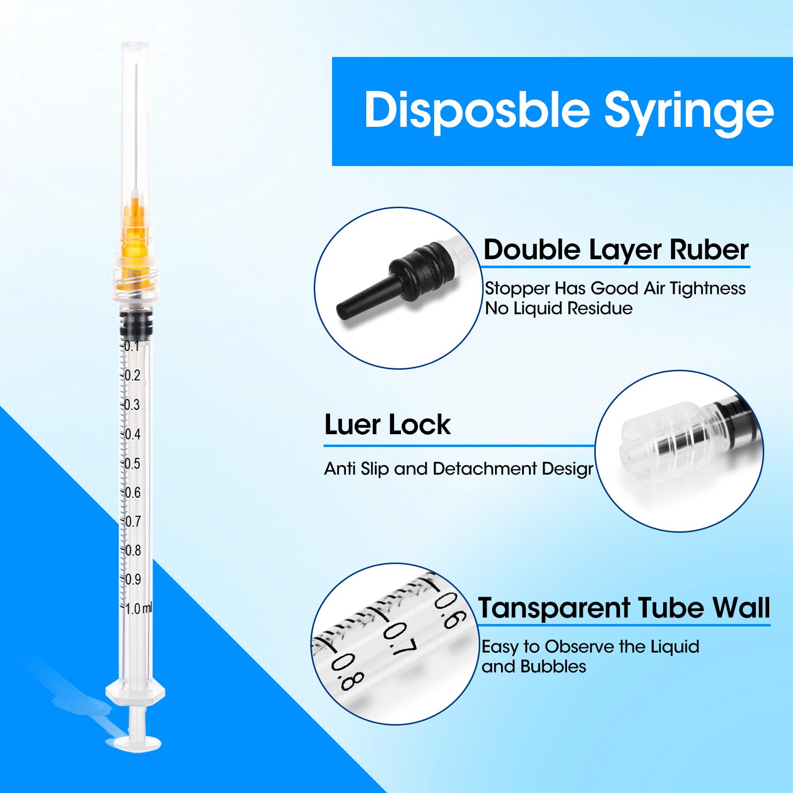 1ml Syringe, 1cc Luer Lock Syringes with 25G 1 inch Needle, for Lab Liquids Refilling , Individually Wrapped , 100 Pack — Amazon image 2
