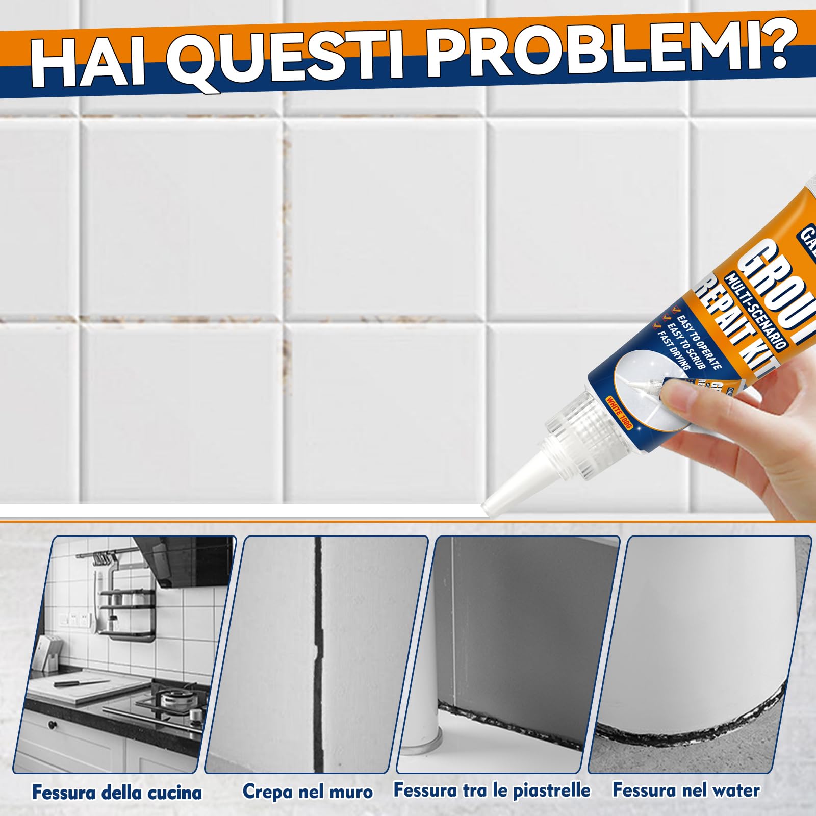 Riparazione Fughe Piastrelle, Kit Ad Asciugatura Rapida Riparazione Fughes Piastrelles, Ripristino Fughe Piastrelle Bagno Doccia Cucina Pavimento Piastrelles Vernice (Bianco, 200G)