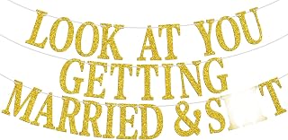Look at You Getting Married Banner, Backdrop for Wedding Engagement Bridal Shower Party Decorations Supplies, Gold Glitter