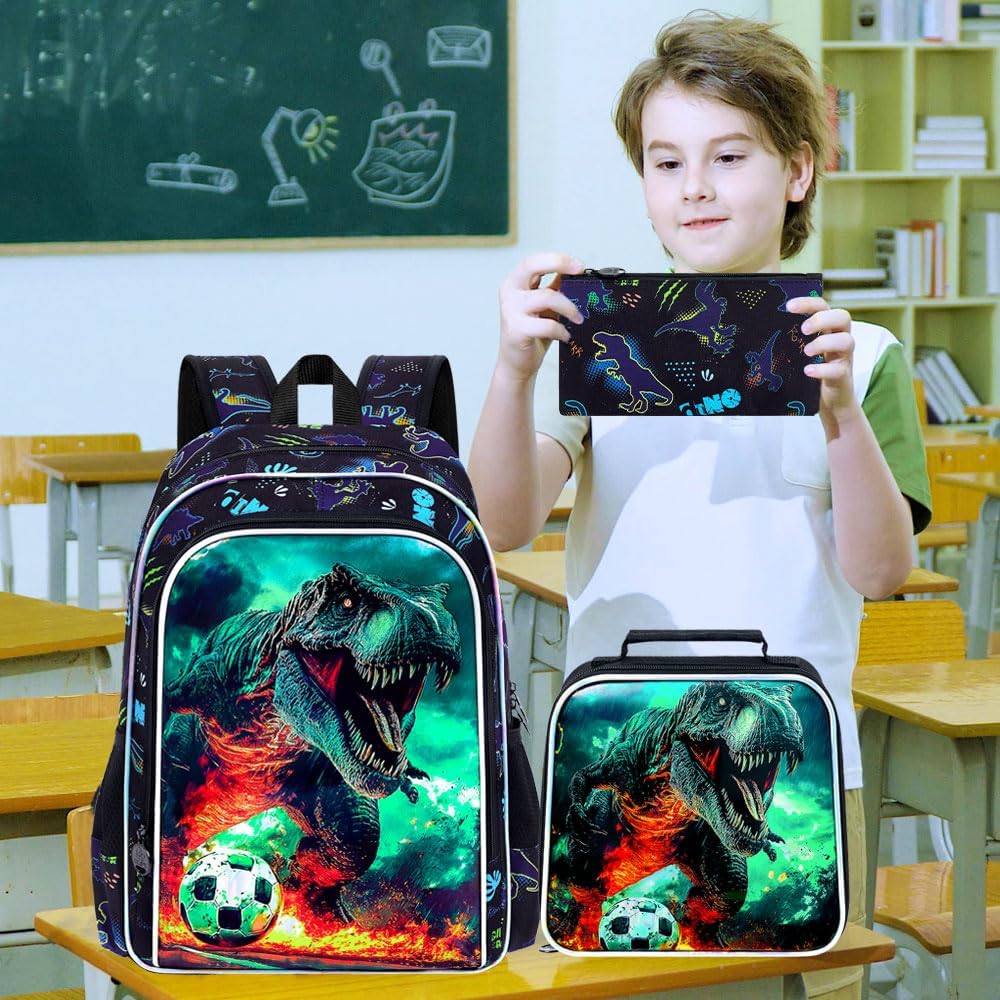 KLFVB 3PCS Boys Dinosaur Backpack Set, Water Resistant 16" Preschool Bookbag for Kids with Lunch Box - Soccer Dinosaur