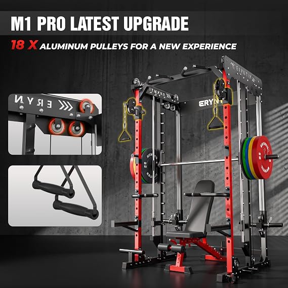 Smith Machine, 2600 LBS Capacity Power Rack for Home Gym Garage, All-in-One Power Cage with Cable Crossover, Heavy-Duty Squat Rack, 84'' Home Gym Equipment (Red, SM 26 Pro)