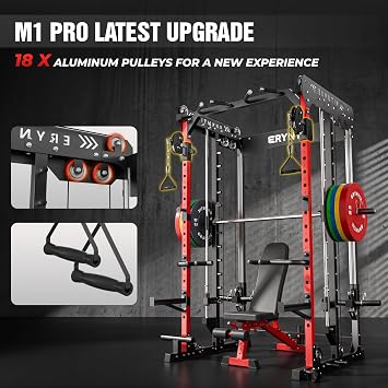 Smith Machine, 2600 LBS Capacity Power Rack for Home Gym Garage, All-in-One Power Cage with Cable Crossover, Heavy-Duty Squat Rack, 84'' Home Gym Equipment (Red, SM 26 Pro)