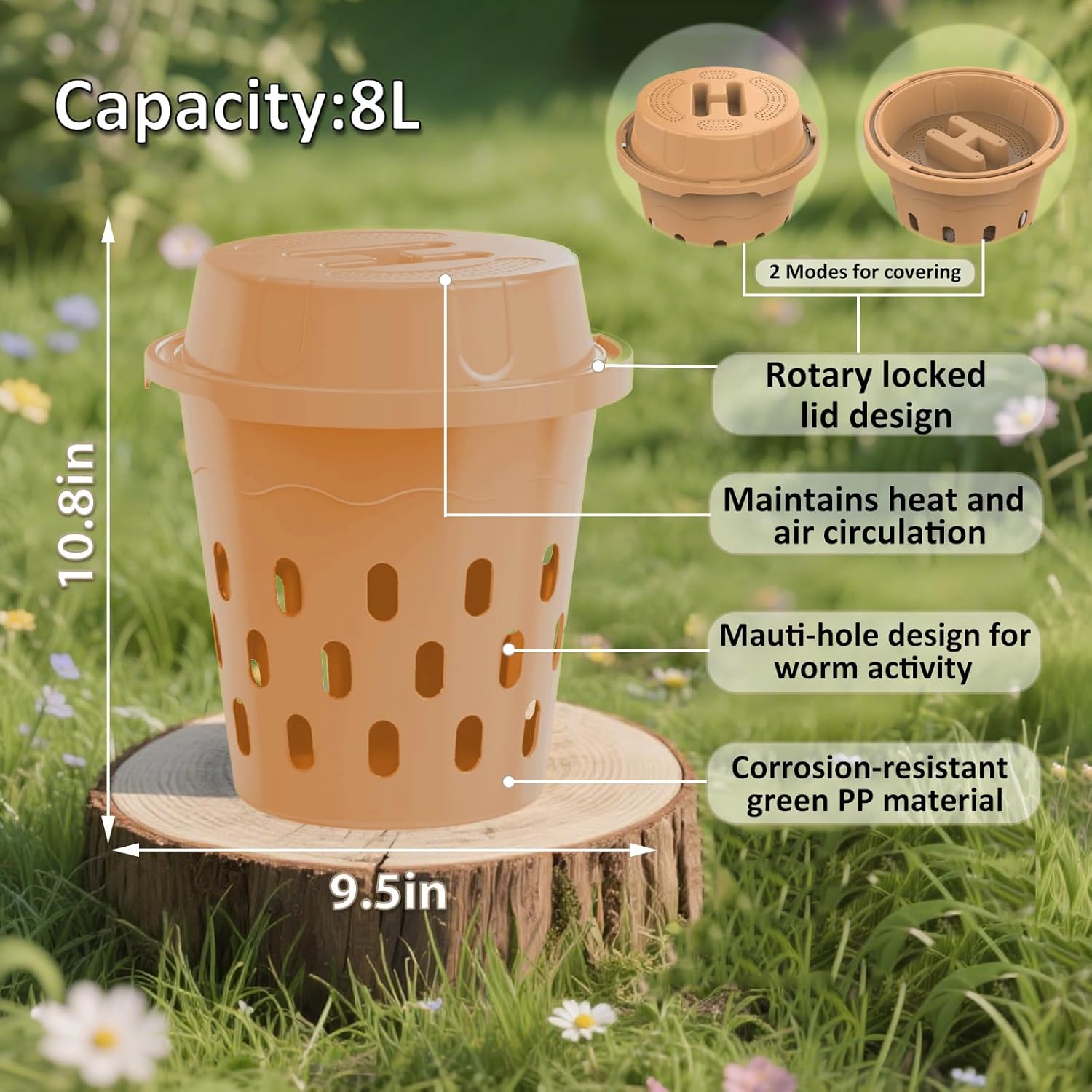 2-Pack InGround Compost Bin for Garden Beds, 8L Worm Composter Farm for Faster Composting, Worm Composter Kit with Aeration, Animal-Proof Lid for Beginners (9.5x9.5x10.8Inch) (2, Gold)