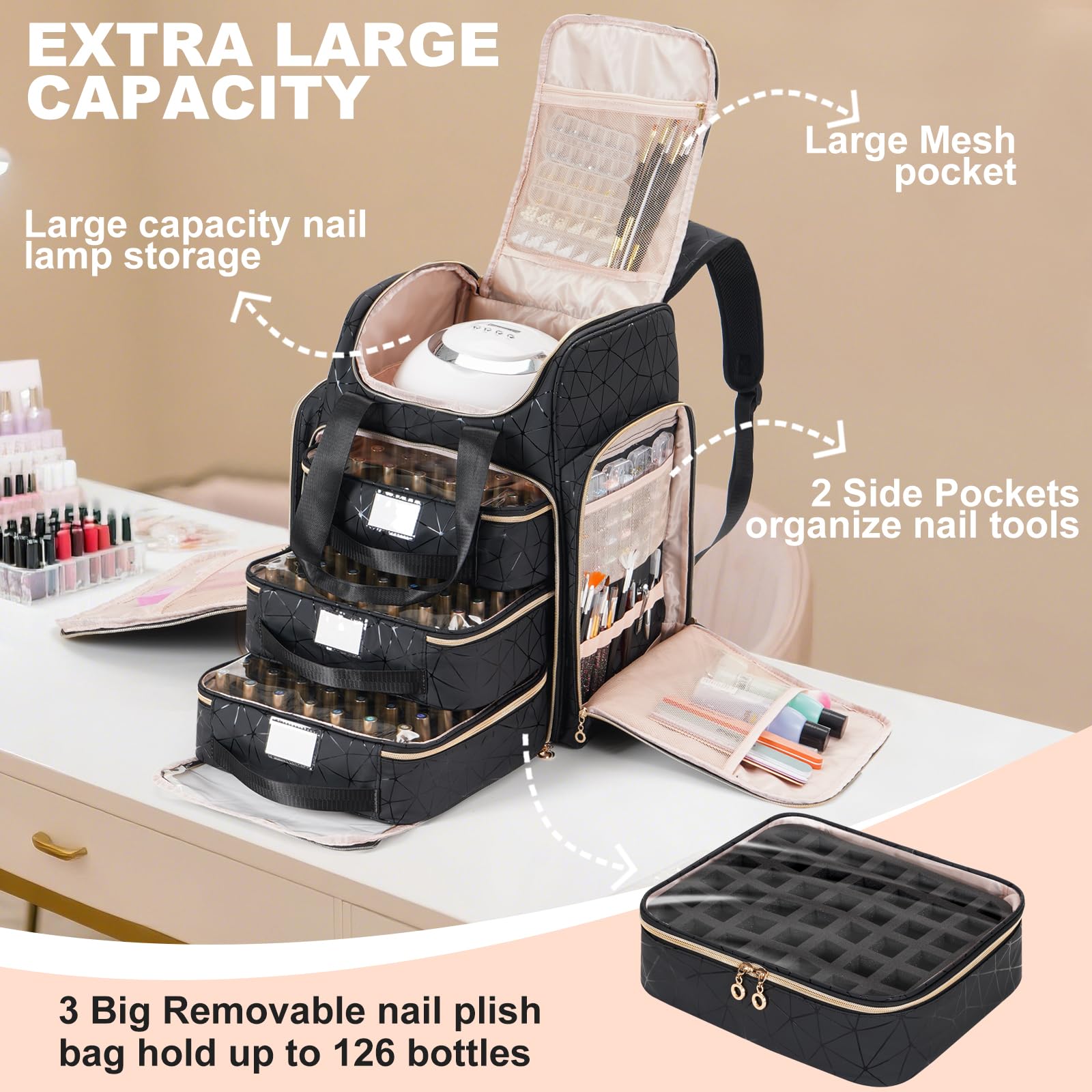 Uross Organizer per unghie per 126 flaconi di smalto e 1 lampada LED per unghie, borsa per la decorazione delle unghie, accessori (nero)
